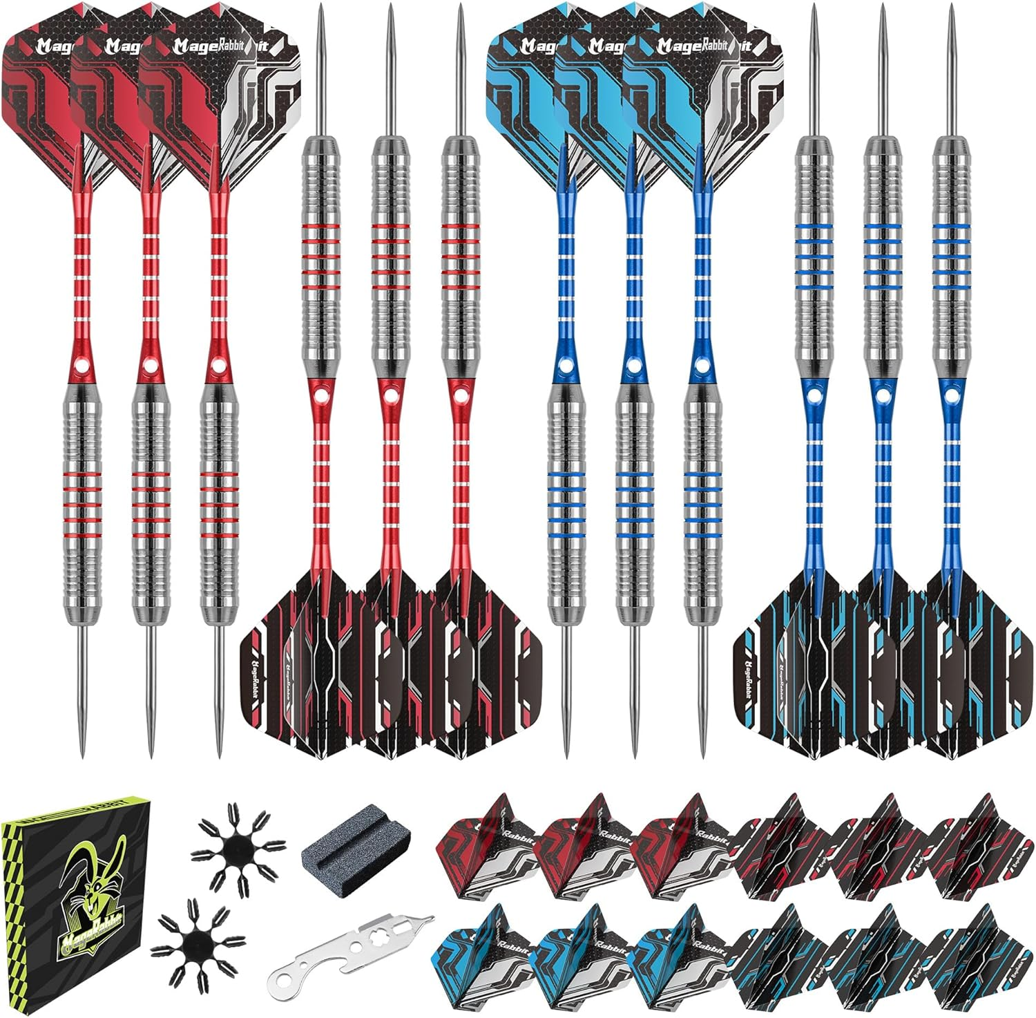 Magerabbit Steel Tip Darts 12Pcs, Metal Darts with 24 Flights+12 Shafts+Dart Tools,Steel Dart for Dartboard image number 1