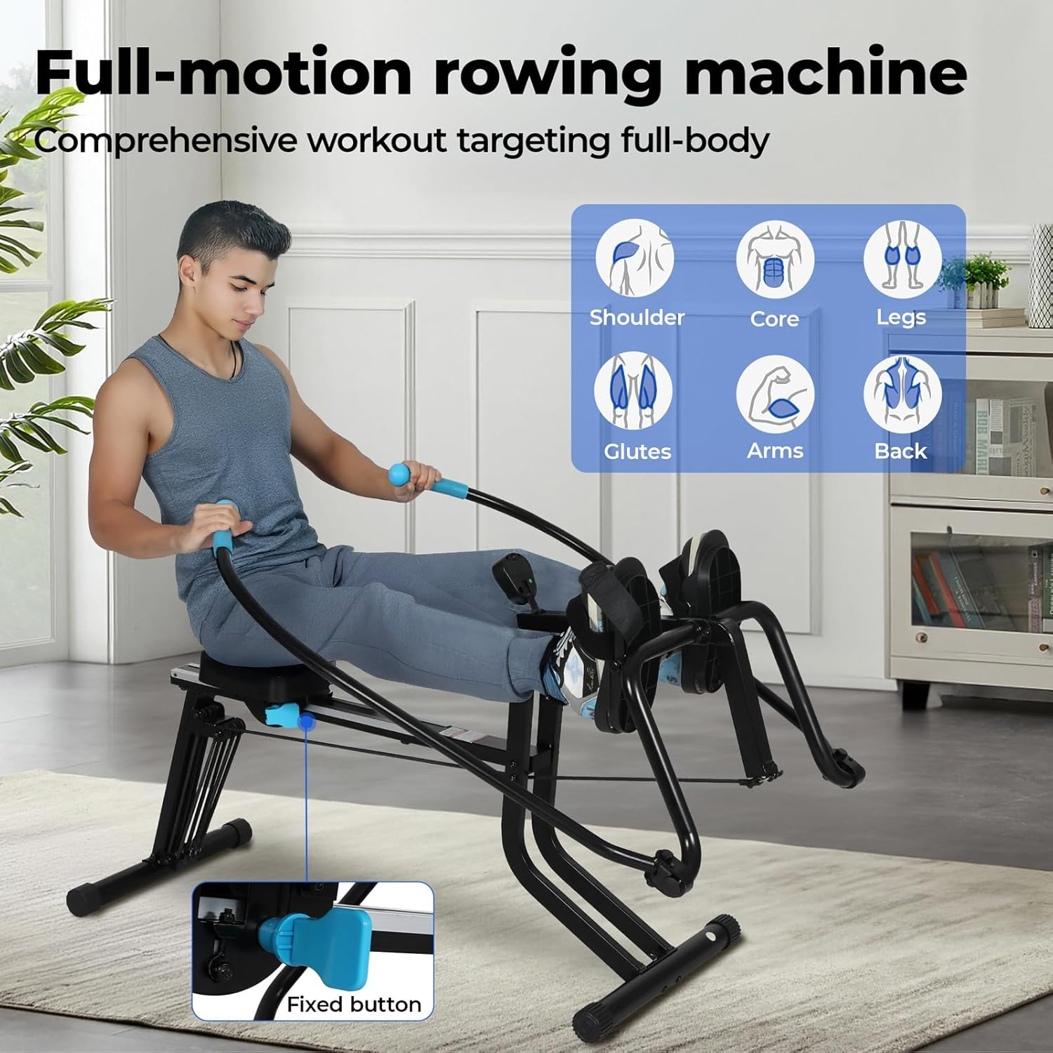 2 in 1 Rowing Machine,Rower Home Gym Fitness Equipment,Strength Training Leg Machines,130Kg Capacity 360 &deg;Rotation LED Display Rowers image number 5