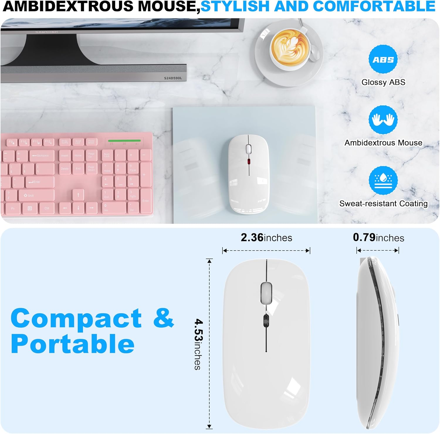 LED Bluetooth Wireless Mouse for Macbook Air Mac Pro Laptop Ipad &ndash;Rechargeable Silent Light-Up Optical Mouse with Jiggler Dual Mode BT5.2 & USB-A/USB-C for Students, Kids, Girls, Boys (White)