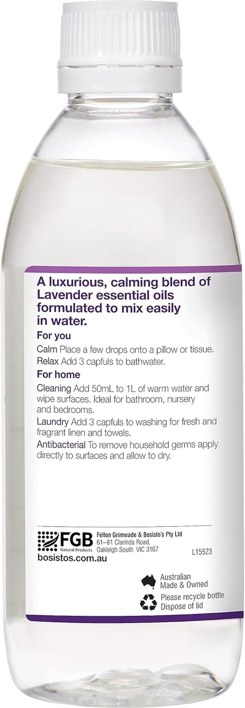 Bosisto'S Lavender Solution 250Ml | with 100% Natural Lavender Oil, Essential Oils, Dissolves Easily in Water, Calm, Relax, Natural Cleaning, Relaxation, Australian Made & Owned image number 3