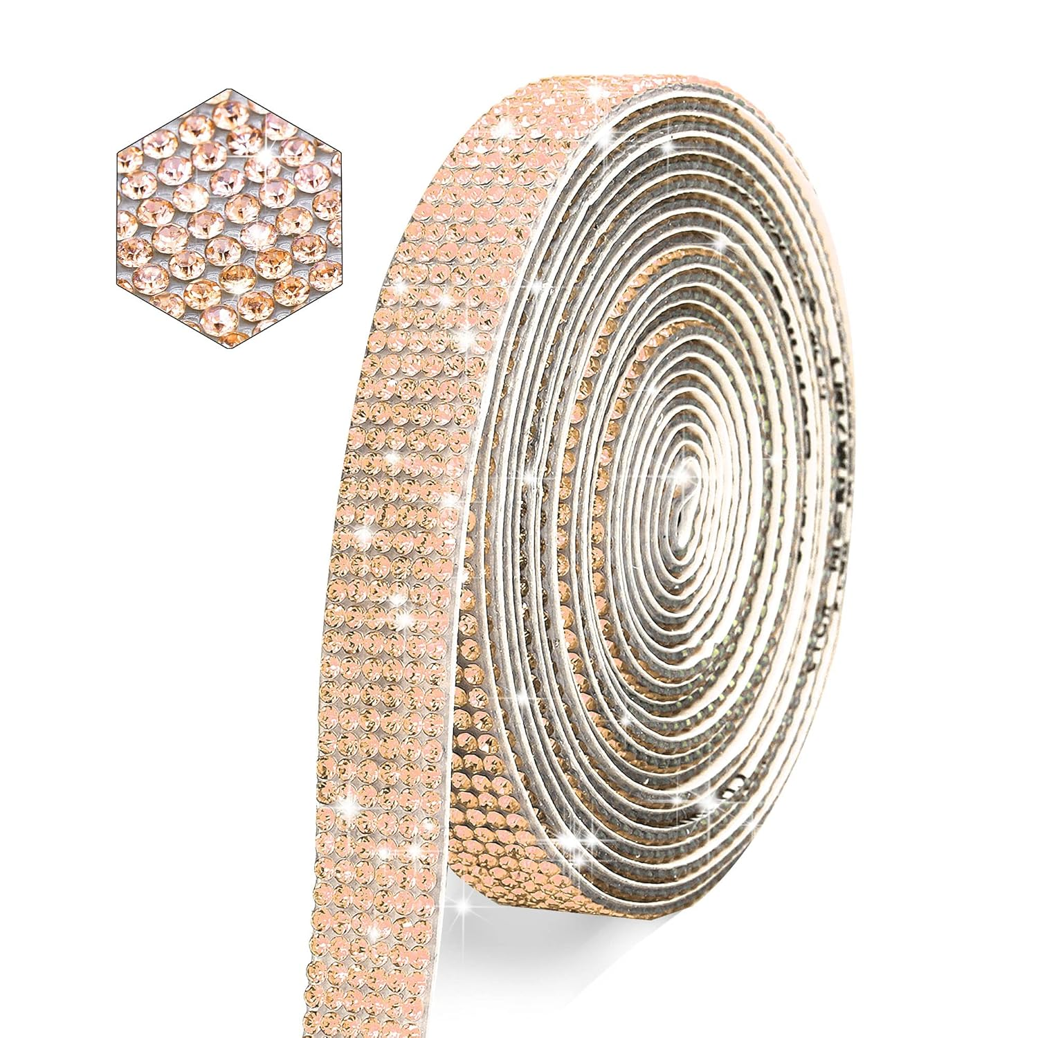 Self Adhesive Champagne Crystal Rhinestone Strips Diamond Ribbon Bling Gemstone Sticker Roll for Craft with 2 Mm Stones for DIY Arts, Wedding Party, Car Phone Decoration