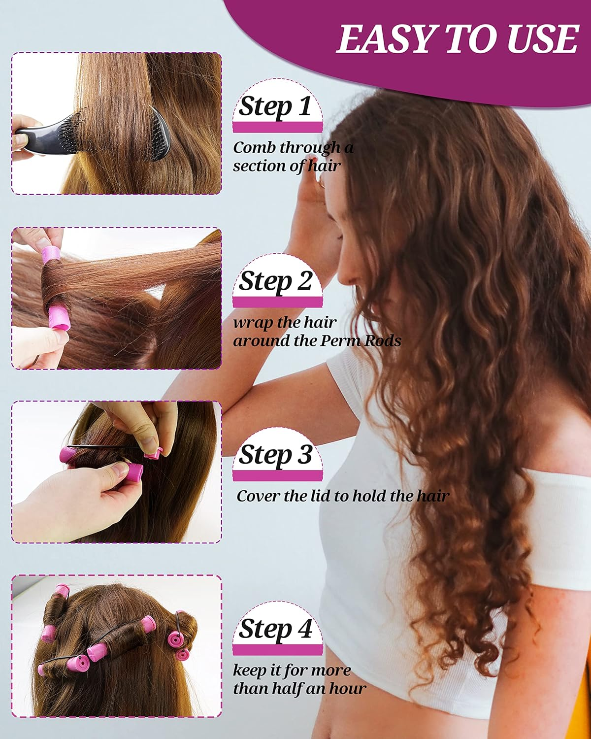 DF DUALFERV 60Pcs Perm Rods for Women'S Natural Hair, Purple, 0.75Inch - Hair Roller Curler Perm Rods for Long Medium Small Hair - Plastic Cold Wave Rods, Hairdressing Styling Tool image number 3