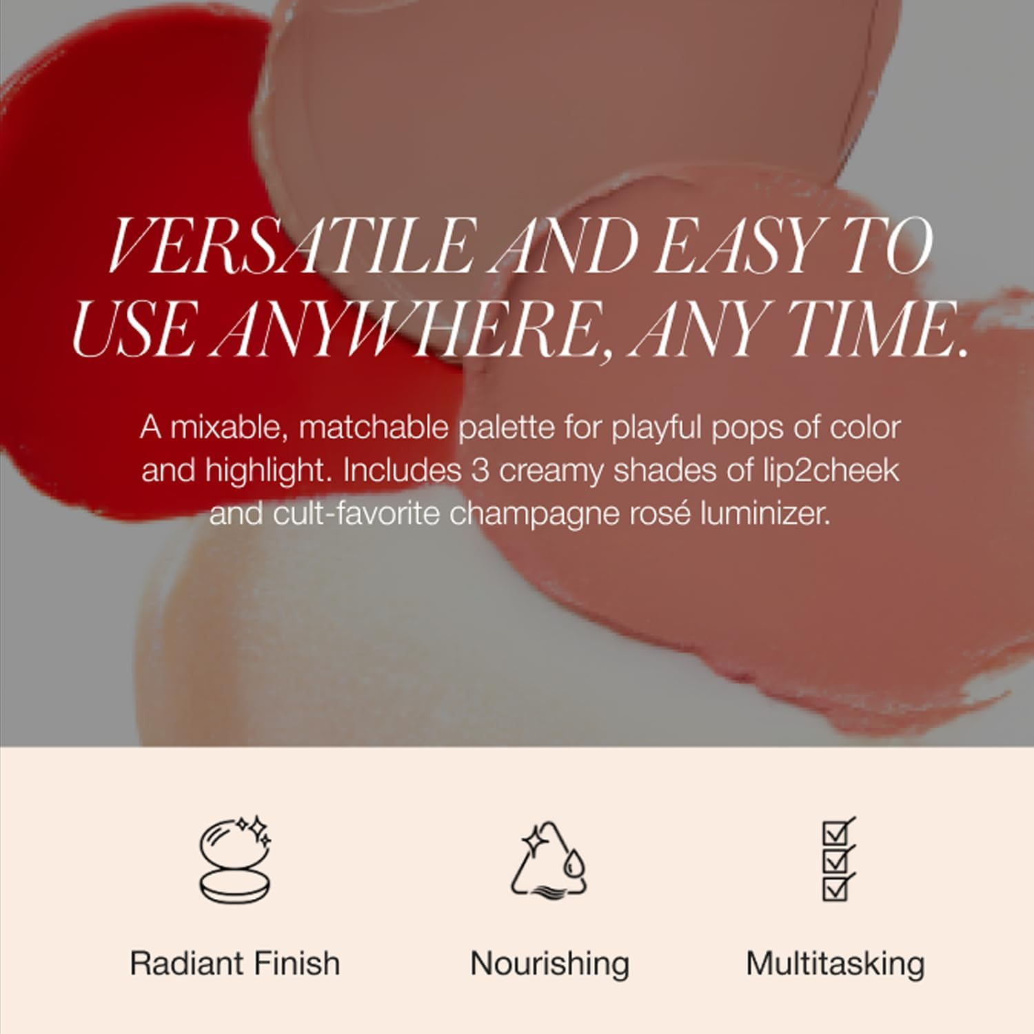 RMS Beauty Lip2Cheek Glow Quad Mini Palette - Travel-Friendly Lip, Cheek & Highlighter Set - Includes Three (3) Lip2Cheek Shades & Cream Luminizer (0.08 Oz) image number 3