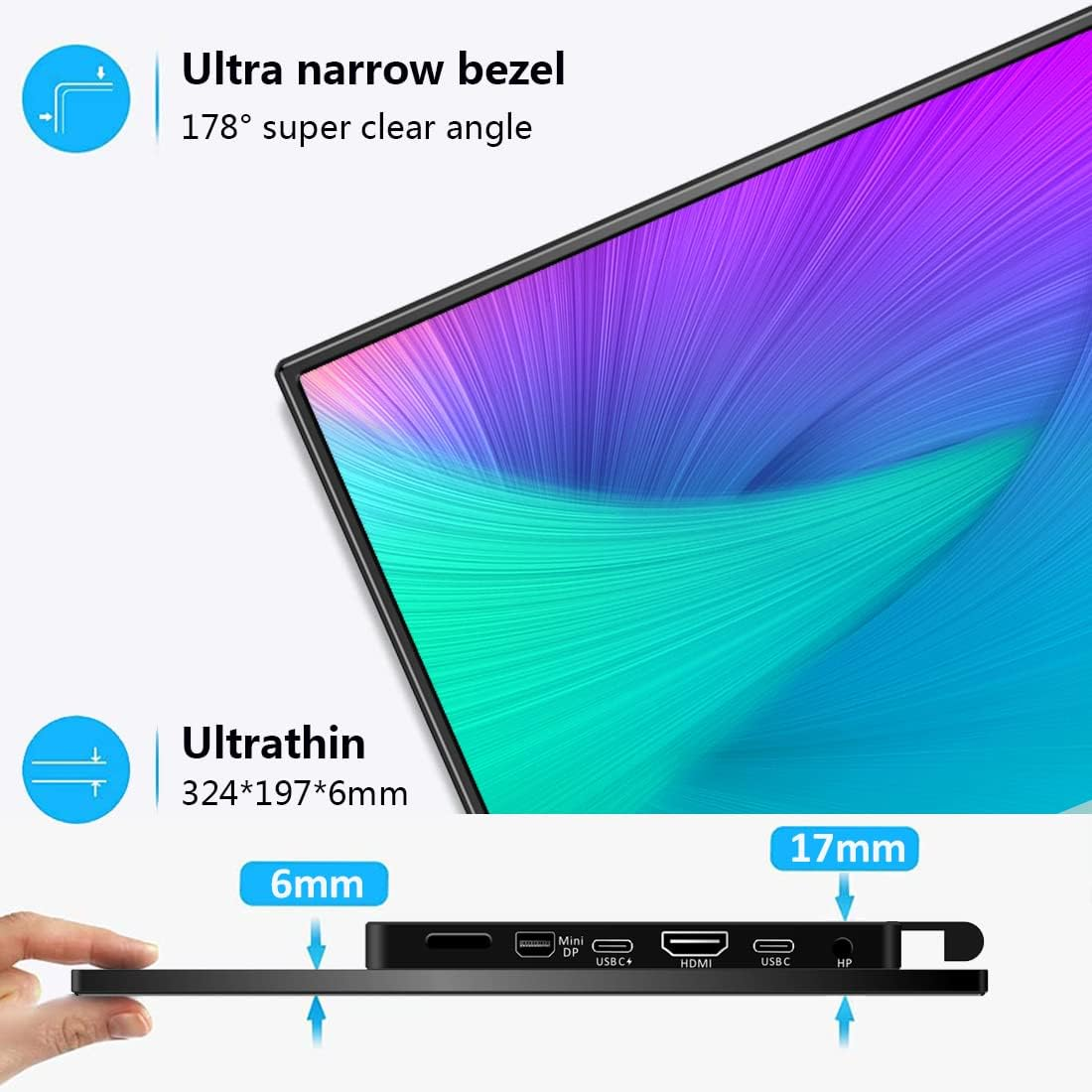 4K Portable Monitor, 14 Inch Portable Monitor USB C, 10-Bit Adobe 95% HDR Game Monitor with USB C/Hdmi/Mini DP Compatible with Game Console/Pc/Surface image number 3