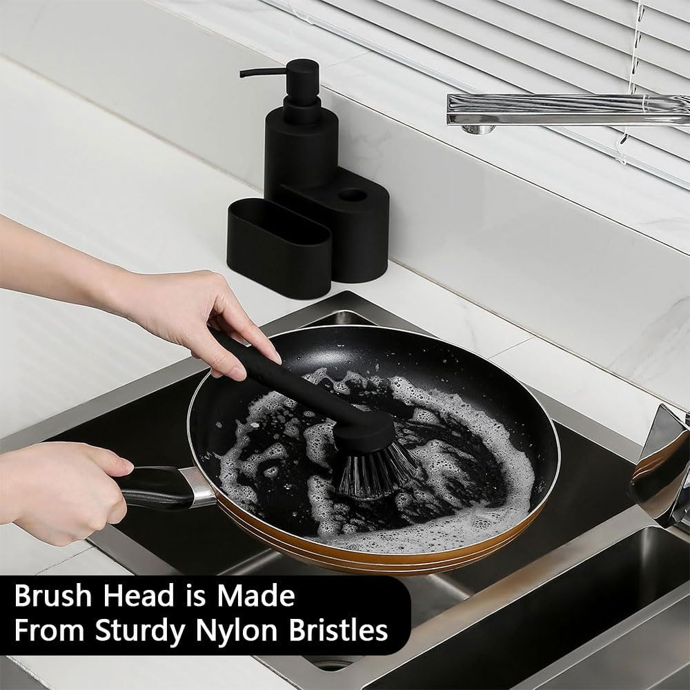 Ranqisys 3-In-1 Soap Dispenser Set with Sponge Holder &ndash; Dual Soap Pump Dispenser for Kitchen Sink, Hand & Dish Soap, Brush & Sponge Caddy, Black, 320Ml image number 1