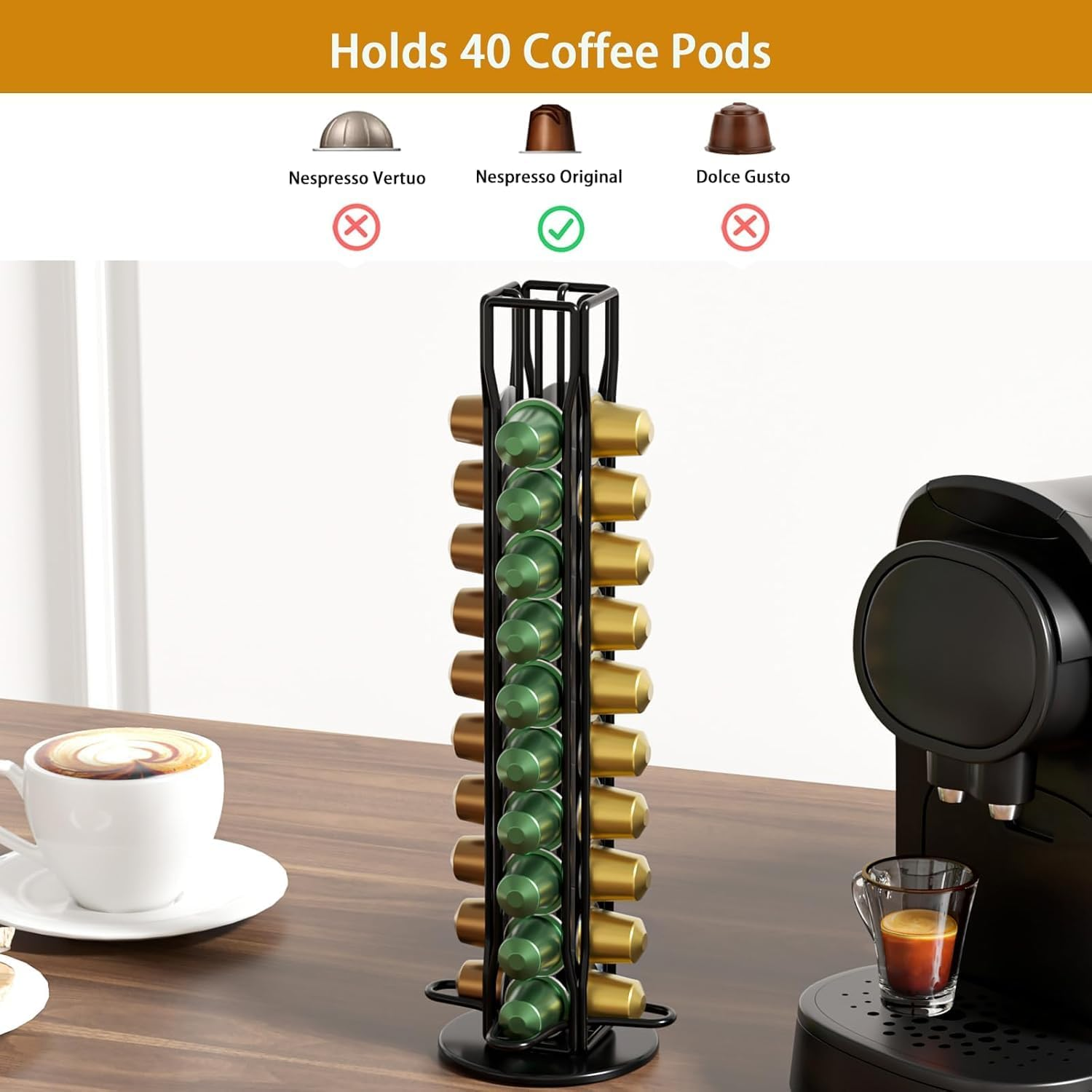 Coffee Pod Holder Stand Compatible with Nespresso Original Pods Carousel Storage Rack Capsules Organizer for Original 40 Coffee Capsules, Black