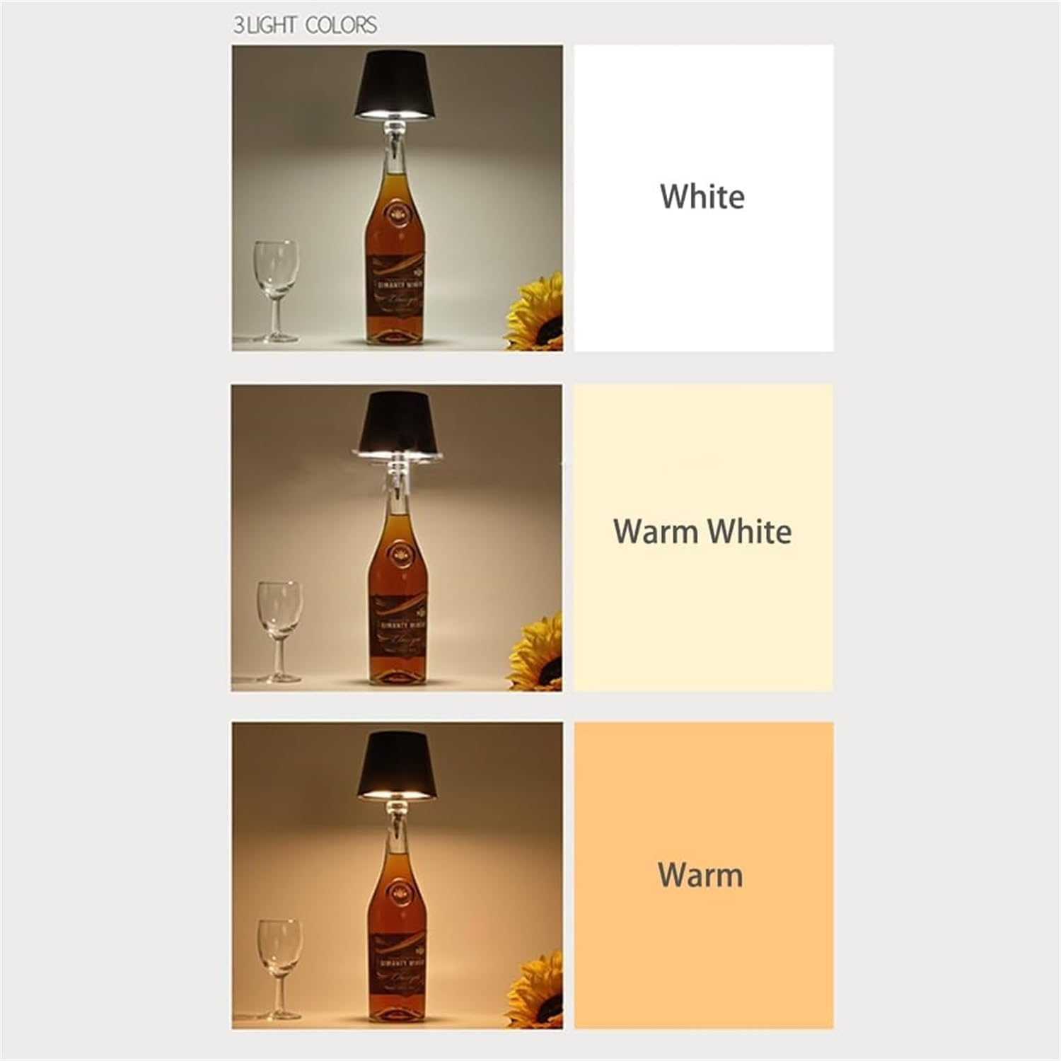 Wireless Wine Bottle Light Head, Portable LED Wireless Bottle Lamp with 3 Modes Light Dimming Pridola, Rechargeable Touch Control RGB Mode Wine Bottle for Any Bottle (Black(3Color))