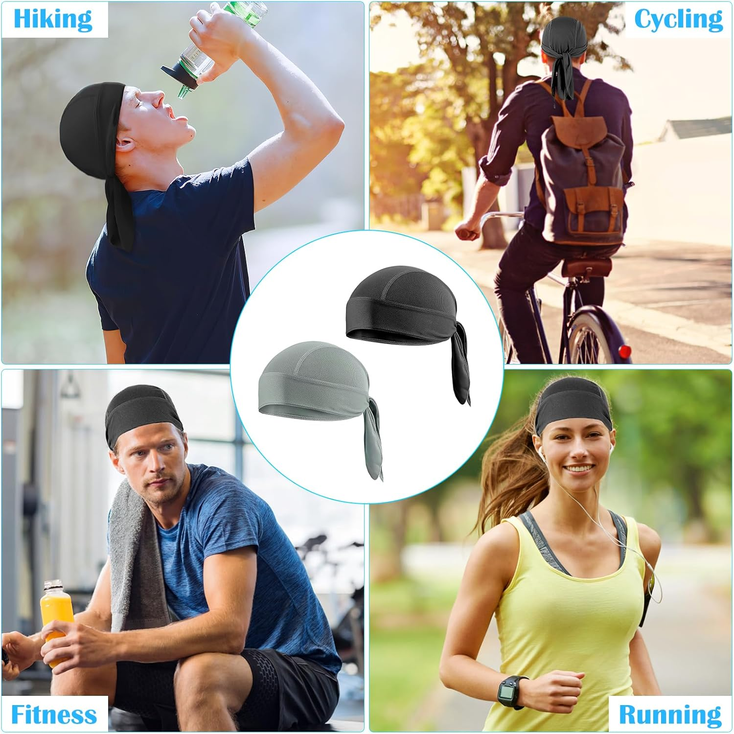 TNSLAND Pack of 2 Sports Bandana Cap, Quick-Drying, Durag Men'S Bandana, Men'S Women'S Running Hat, Men'S Headscarf, Summer Hat for Cycling, Climbing, Running, Gym, Black, Grey, Multicoloured, 48-56 image number 2