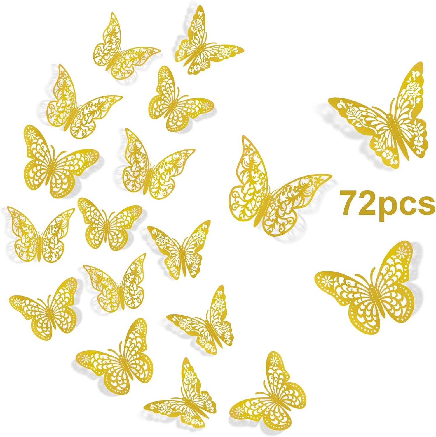 72Pcs 3D Butterfly Wall Decor, Gold Butterfly Decorations 3 Styles 3 Sizes, Butterfly Party Birthday Cake Decorations, Gold Butterfly Wall Stickers for Girls, Kids, Nursery, Wedding Decor image number 3