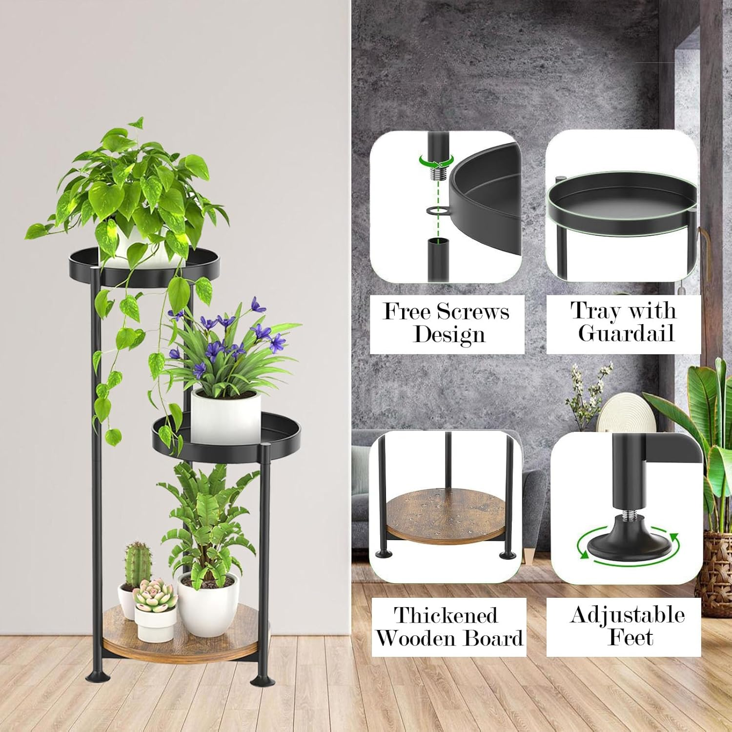 Plant Stand Indoor,3 Tier Plant Stand,Plant Shelf with Repotting Mat and Small Garden Tool,Metal Plant Stand for Outdoor Patio Living Room Bedroom Balcony Garden image number 1