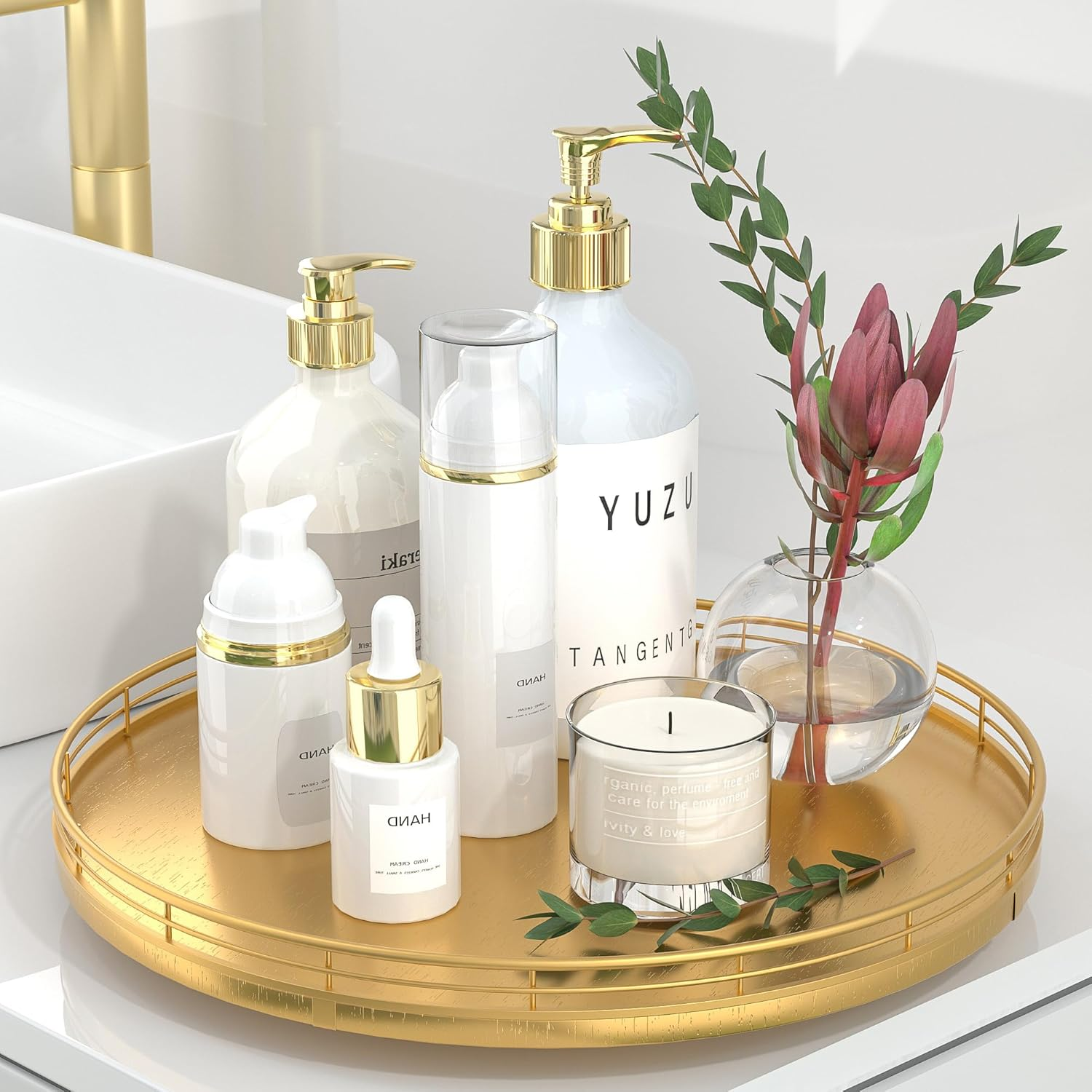 13" Gold Lazy Susan for Table Top, Oak Wood Lazy Susan Turntable Organizer for Dining Coffee Table Centerpiece Bar Decor Kitchen Countertop Bathroom Vanity Decorative Tray for Perfume Jewelry Round image number 7