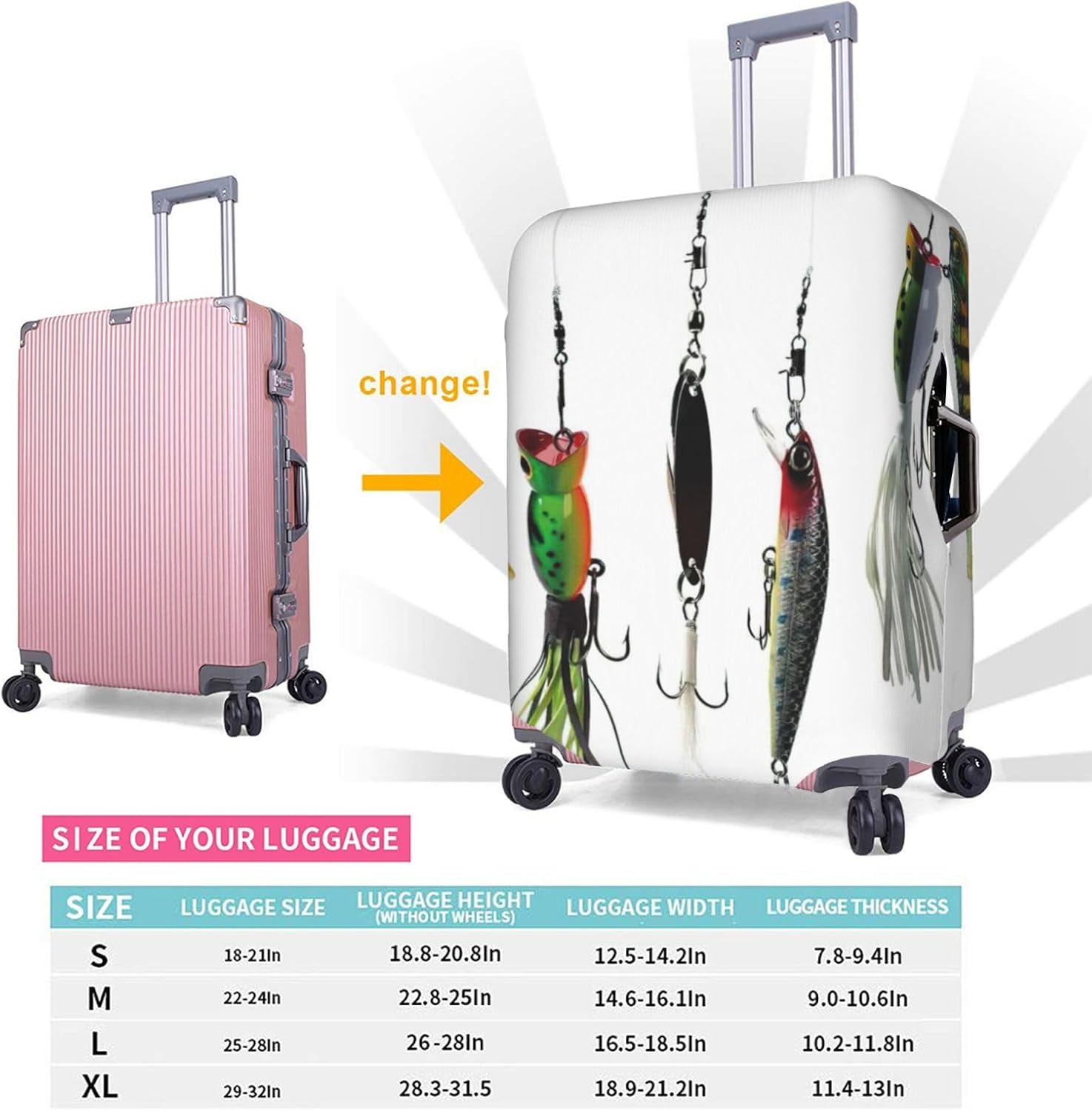 Odddot Various Type of Fishing Baits Print Travel Luggage Cover,Suitcase Protector Cover, Washable Baggage Covers,For 18-32 Inch Luggage, Various Type of Fishing Baits, Large image number 5