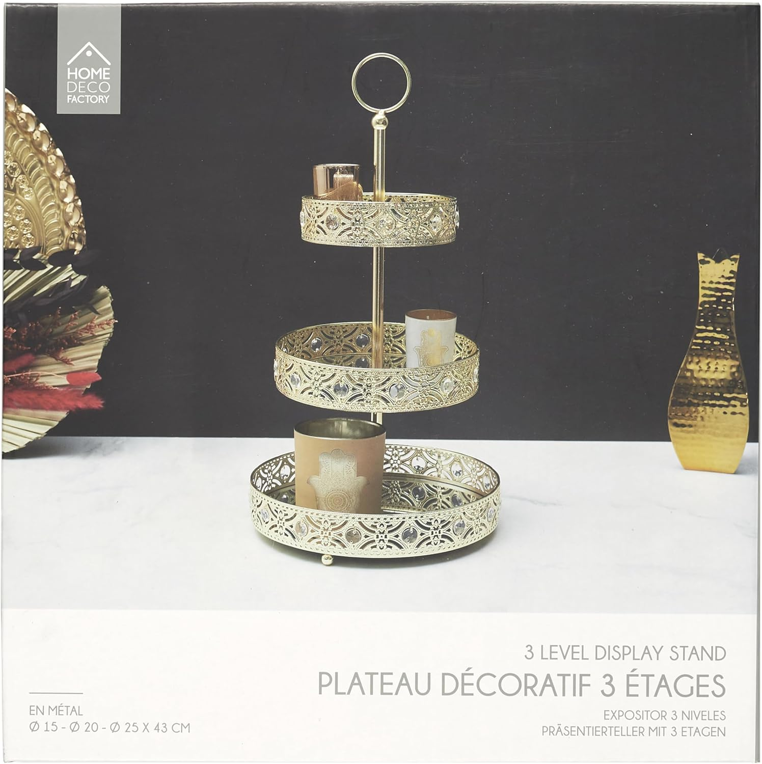 HOME DECO FACTORY, KA0112, Decorative Gold Metal Tray with Three Tiers, Ideal for Presenting Objects, Easy to Maintain, Design Inspired by Oriental Motifs, 3 Tiers, Gold image number 2