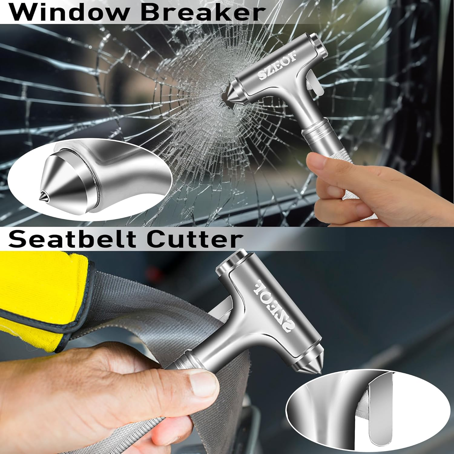 Car Window Breaker with Seat Belt Cutter,Car Safety Hammer,Car Escape Tool,Metal Automotive Glass Breaker,Vehicle Emergency Tools,Car Accidents Safety Kit(Silver) image number 4