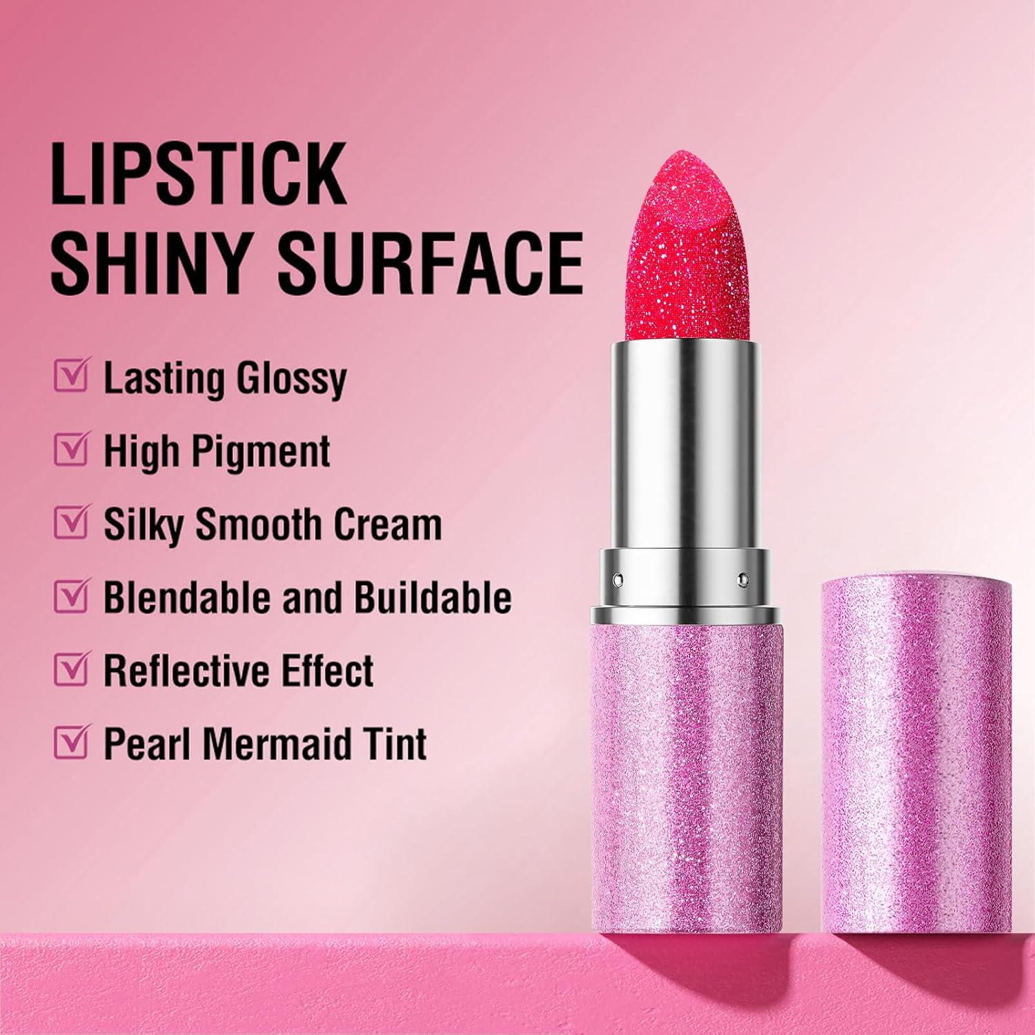 Erinde Glitter Pink Lipstick, Diamond Shimmer Metallic Lipstick for Women, Lightweight Hydrating Formula, Smooth Non-Sticky Long Lasting Lipstick, High Impact Full-Coverage Lip Color,#02 - 02 image number 2