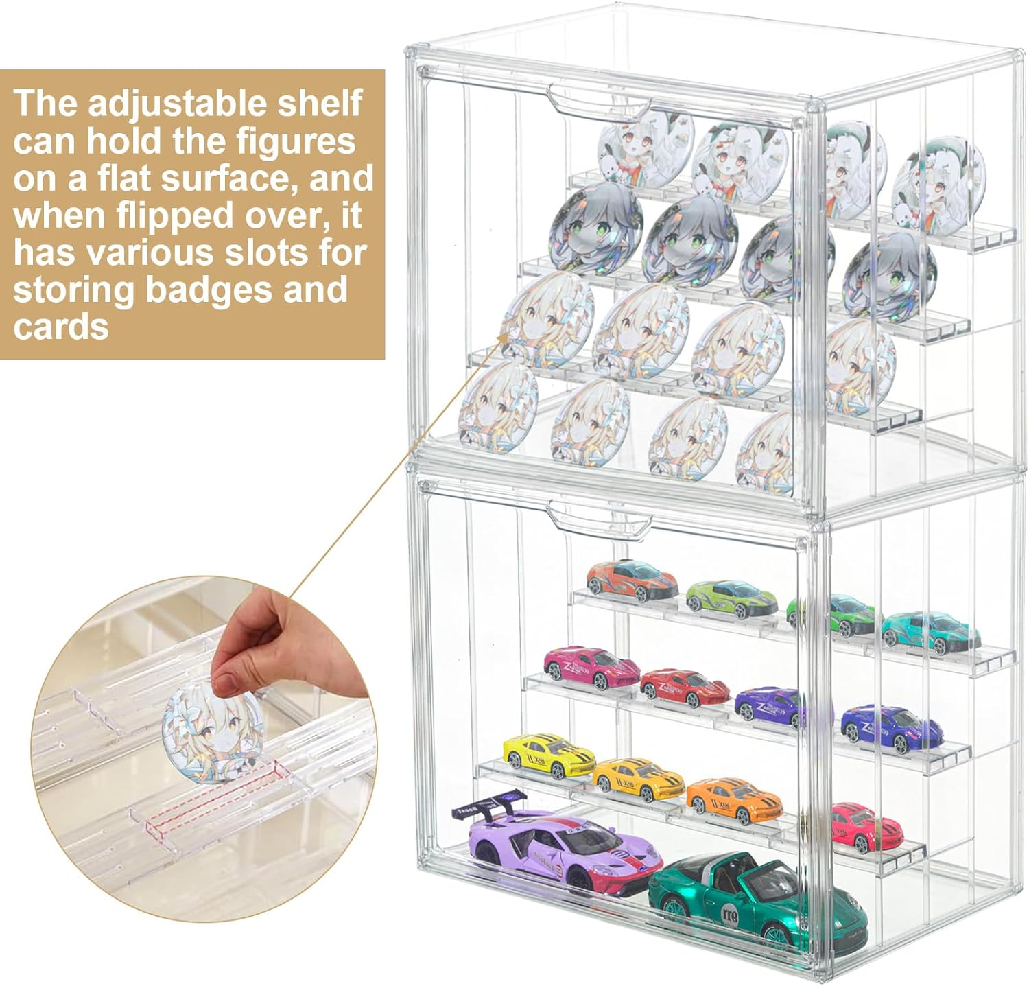 UONNO Acrylic Display Case 4 Tiers, Dustproof Box Clear Collectibles Storage Box with 3 Adjustable Dividers for Pop Figures Badge Toys image number 5