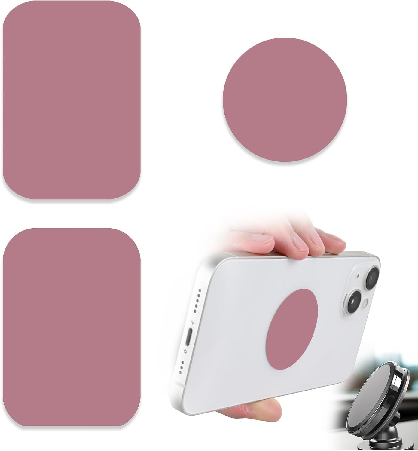 Phone Magnets for Back of Phone, Universal Metal Plates, 2 Rectangular and 2 round with Adhesive, Car Phone Magnets (White) - A Gray image number 4