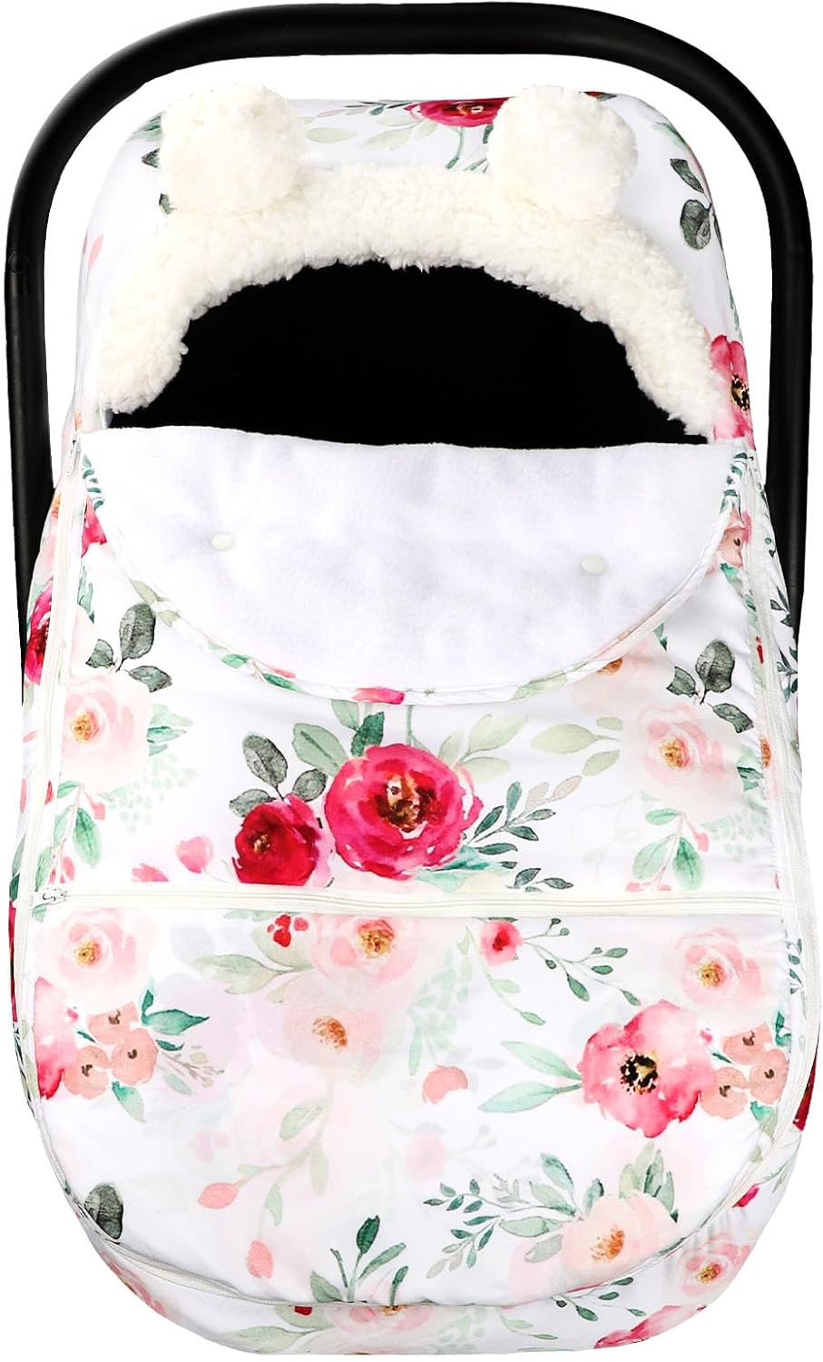 Car Seat Covers for Babies Winter, Flower Carseat Cover Girls, Zipped Cozy & Warm Cover, Universal, Ultra-Soft Breathable, Removable Design Infant Car Seat Canopy