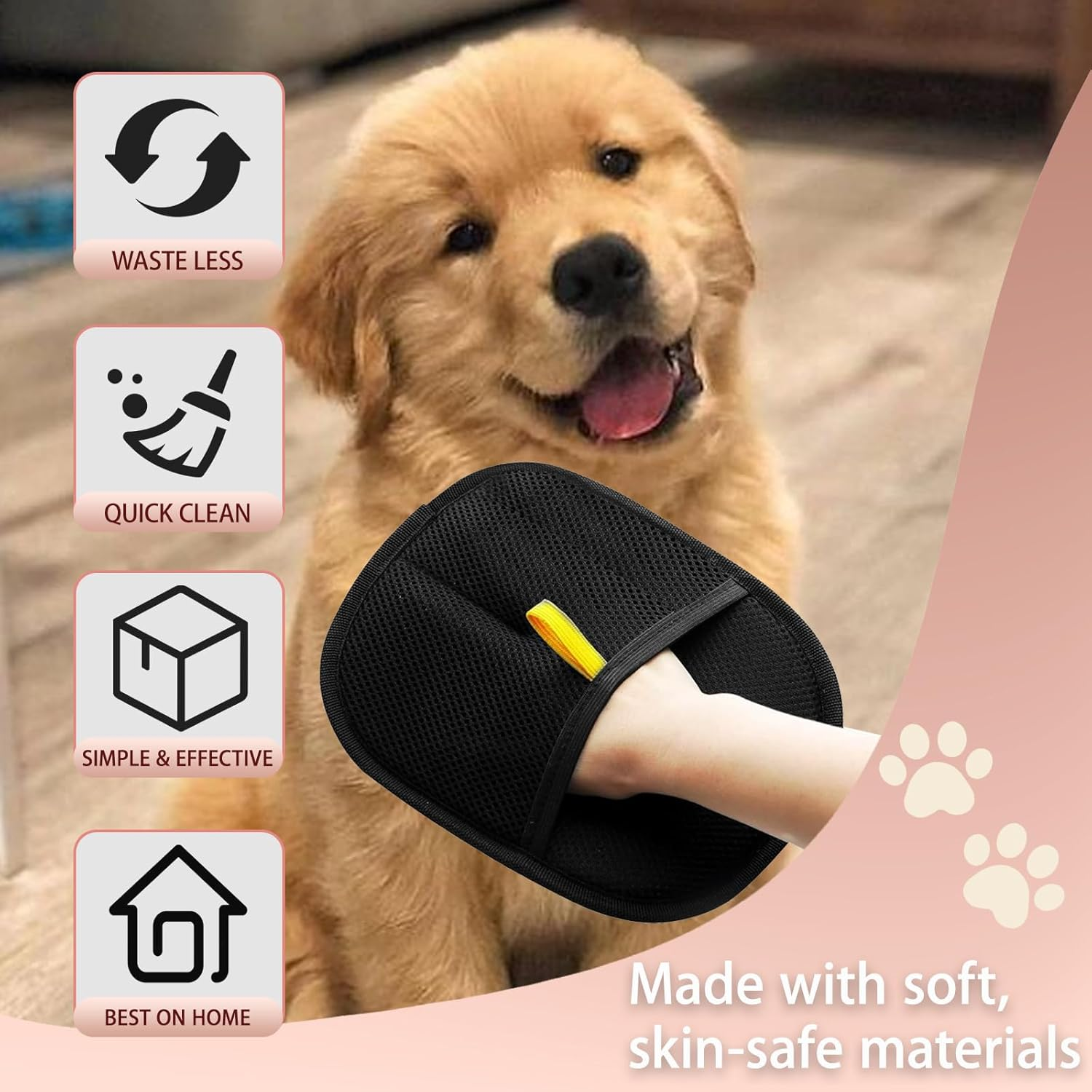 Double Sided Pet Grooming Glove - Reusable Silicone Brush Mitt for Dogs & Cats - Hair Removal Glove for All Coat Types (20X15Cm, Black)