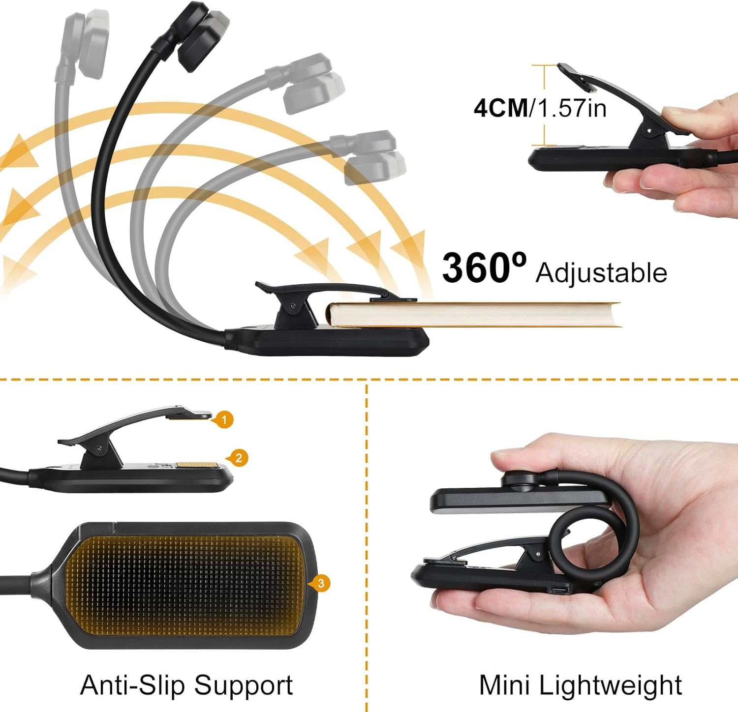 Kakeyrun 24 LED Book Light, Reading Light Night Light with 80 Hours Runtime, 3 Eye-Protection Mode & 5 Brightness Levels, Large Lamp Area, 360&deg; Flexible for Reader, Music Sheet Lighting (Black) - Black image number 1