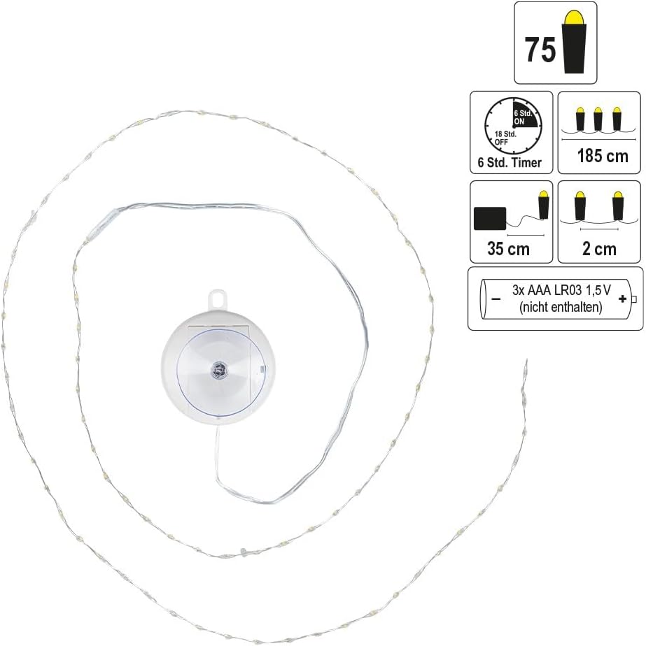Ideen Mit Herz LED Wire String Lights for Hanging | 135 Cm Long | 50 Leds in Warm White | Hanging with Suction Cup or Eyelet | Battery Operated | Includes Timer Function | for DIY Window Decorations image number 1