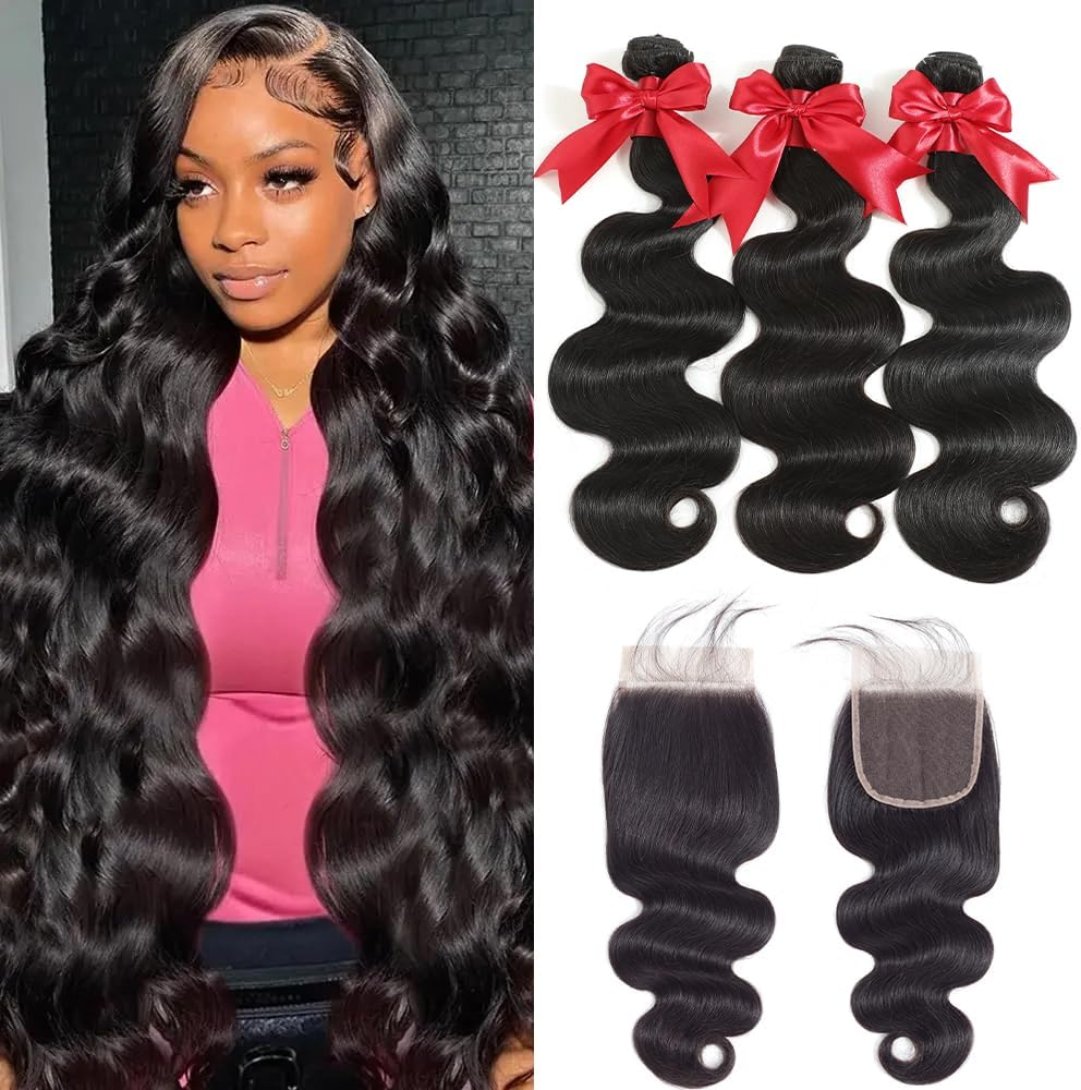 12A Frontal Human Hair Bundles 24" 26" 28" with 20" Brazilian Wave Human Hair Bundles with Front Closure 100% Unprocessed Human Hair 3 Bundles 13X4 HD Lace Frontal