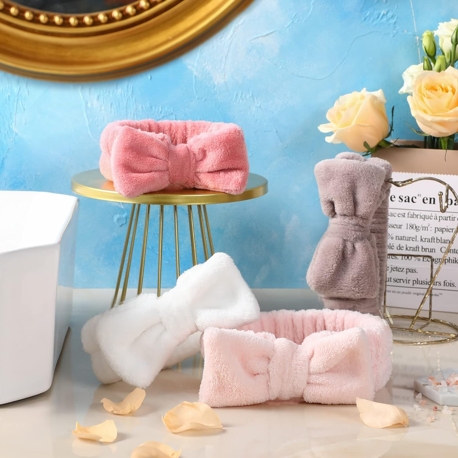 VITEVER 4 Pack Spa Headband Bow Tie Band Women Makeup Sports Yoga, Girls Microfiber Facial Clean Headband for Washing Face and Shower, 4 Colors Soft Coral Fleece Skincare Cosmetic Elastic Hair Bands image number 1