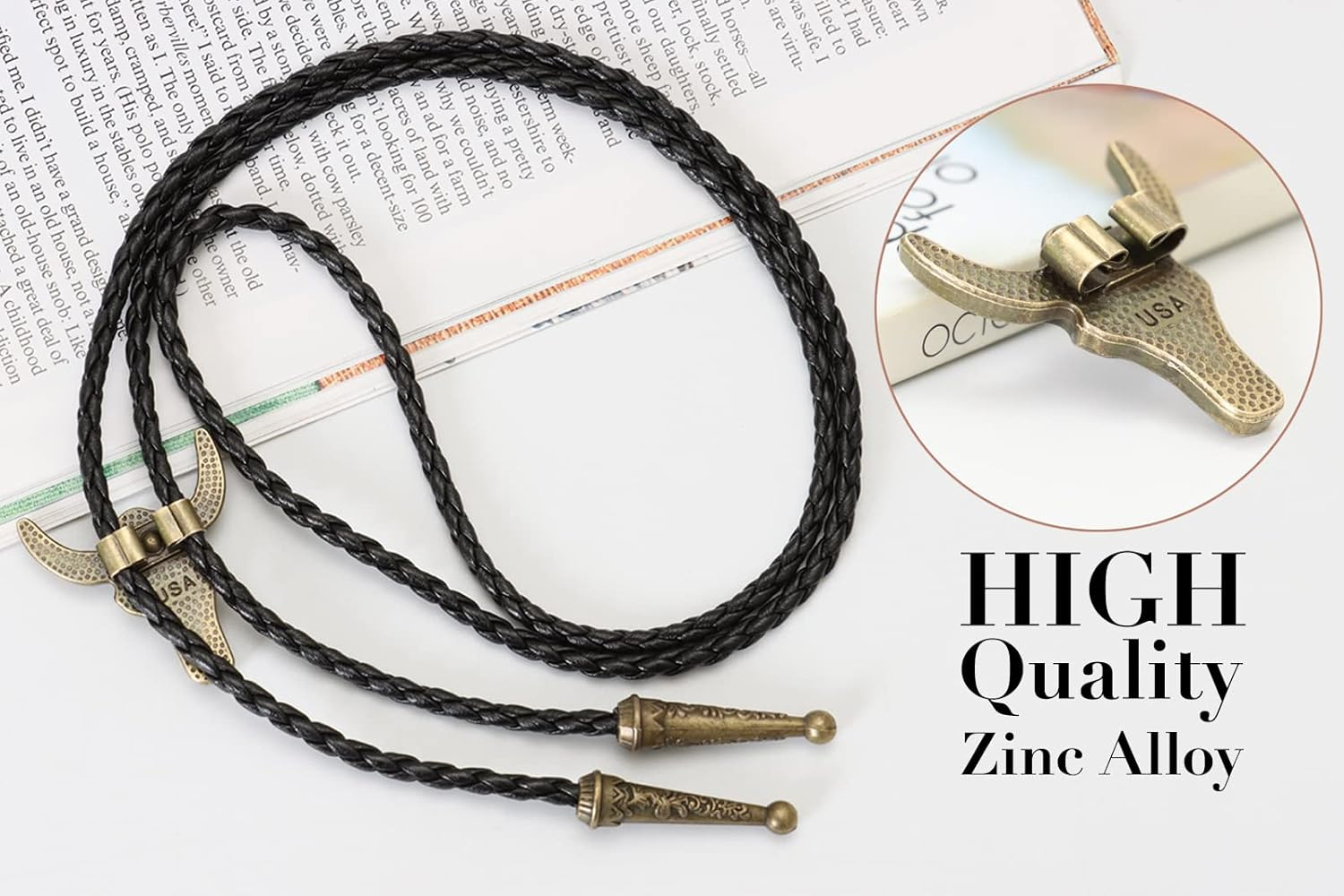 Western Vintage Bolo Tie for Men - Cow Skull Design Cowboy Tie - Black Leather Bolo Necktie Necklace image number 4