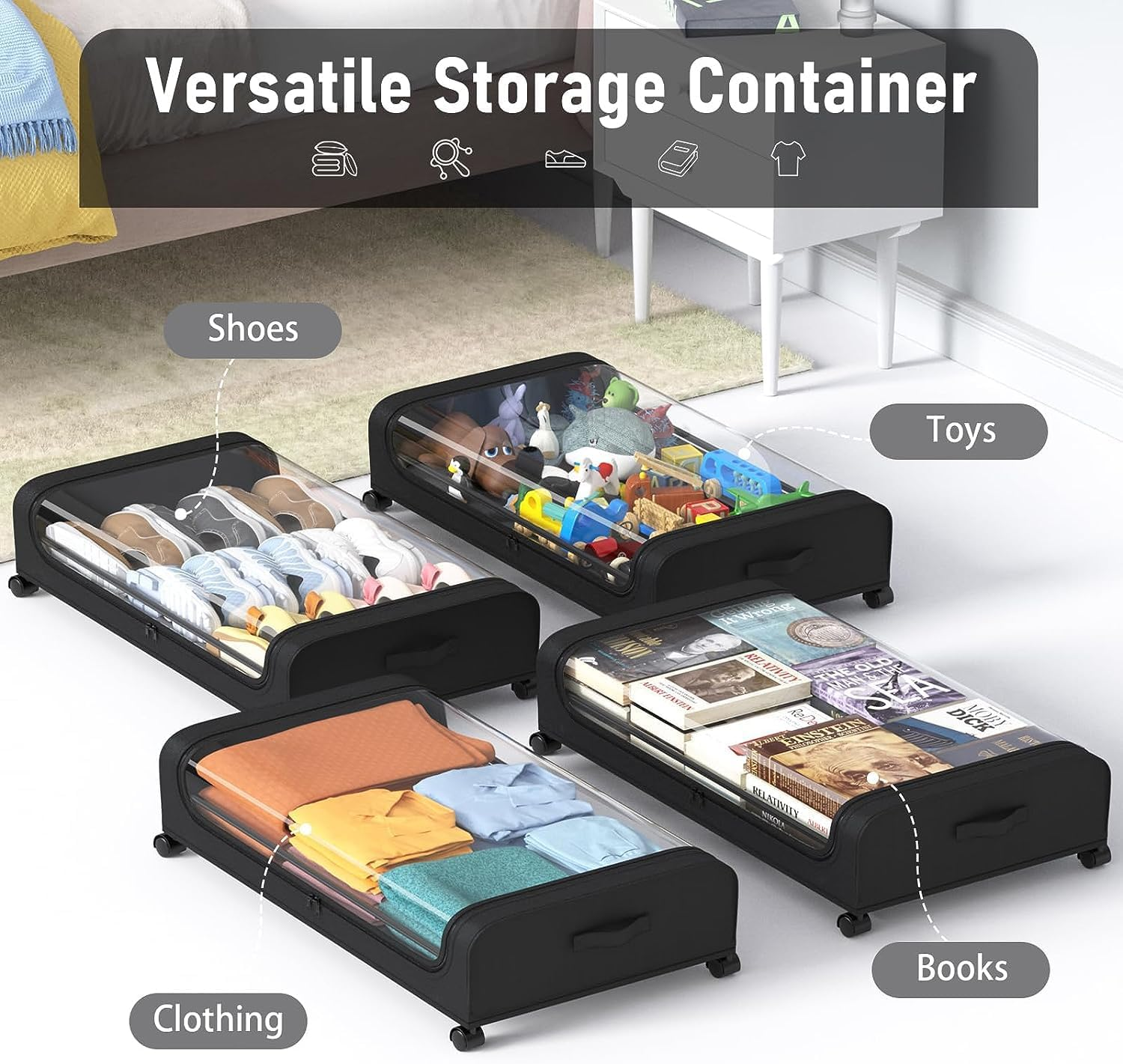 Under Bed Storage with Wheels and Lid, under Bed Rolling Storage with 50L Large Capacity, under the Bed Storage for Bedroom under Bed Storage Containers for Clothes Shoe Blanket Toy Book (Black)