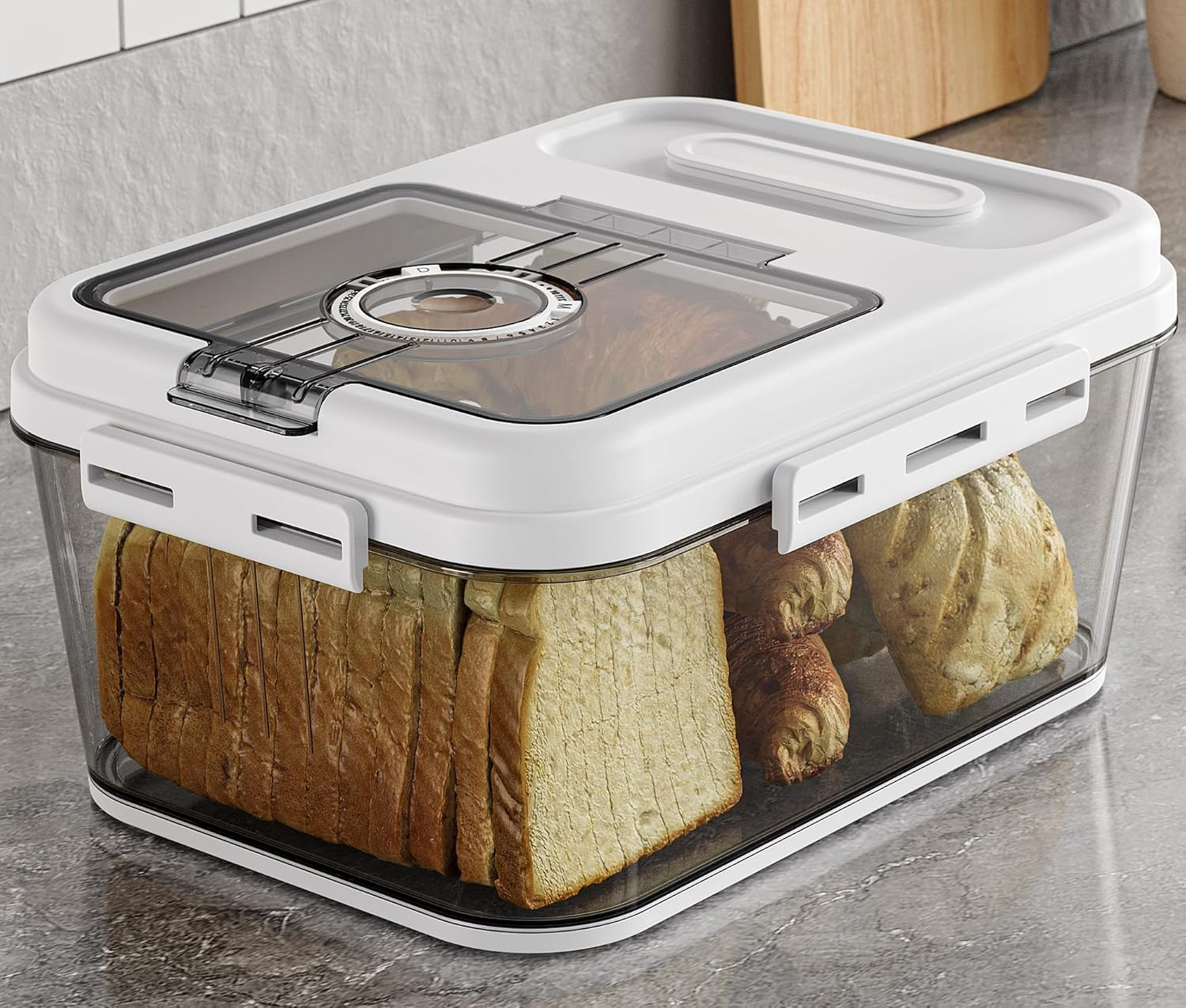 Kitchen Countertop Bread Box, Airtight Storage Container with Time Recording Lid, White (Small) image number 2