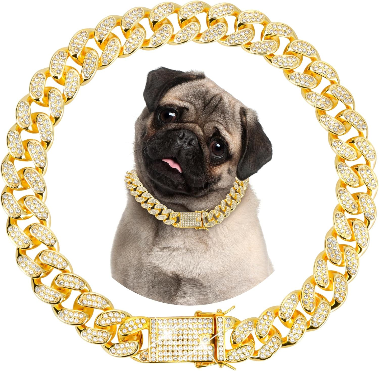 YGAOHF Gold Dog Chain Collars, 15 Mm Width Diamond Cuban Link Dog Collar, Heavy Duty Gold Chain Dog Collar with Secure Buckle, Dog Necklace Walking Collar for Medium Large Dogs Cats, 18 Inch image number 5