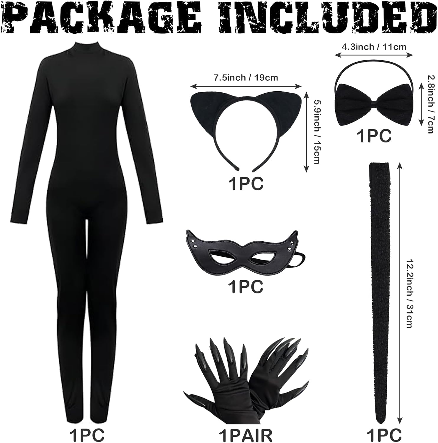 Joyesplay Catwoman Costume for Women,Black Catsuit Jumpsuit,6Pc Catwoman Halloween Costume Set with Black Mask,Headband,Bow Tie,Tail,Gloves, Anime Cosplay Accessories image number 1