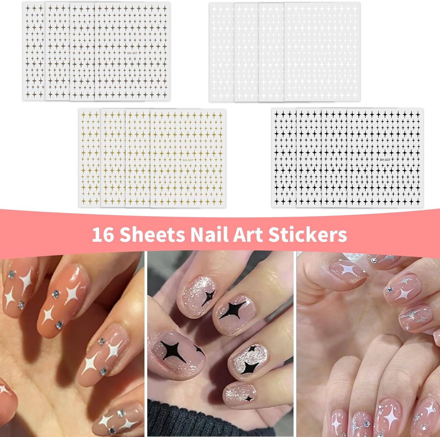 Aymorder Nail Art Stickers, 16 Sheets, Multicolor Star Pattern, Resin Material, Retro Modern Style, Self-Adhesive, Perfect for Nail (Keratin) Decoration image number 1