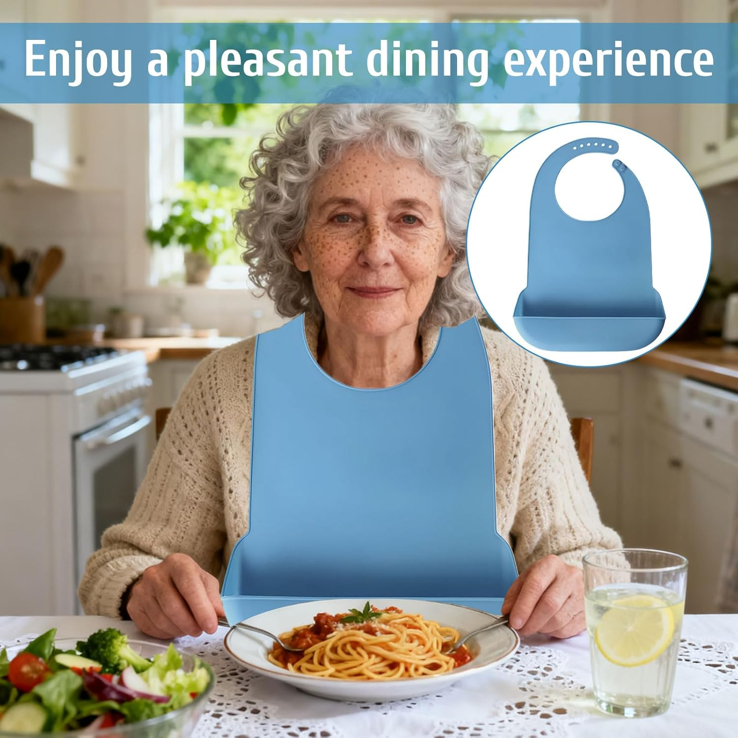 Silicone Bib, 2Pcs Adult Bib, Bibs, Silicone Adult Bibs with Crumb Catcher, Waterproof Clothing Protector, Reusable, Adjustable and Washable Bib, Suitable for Men, Women, Elderly(Blue/Grey) image number 3