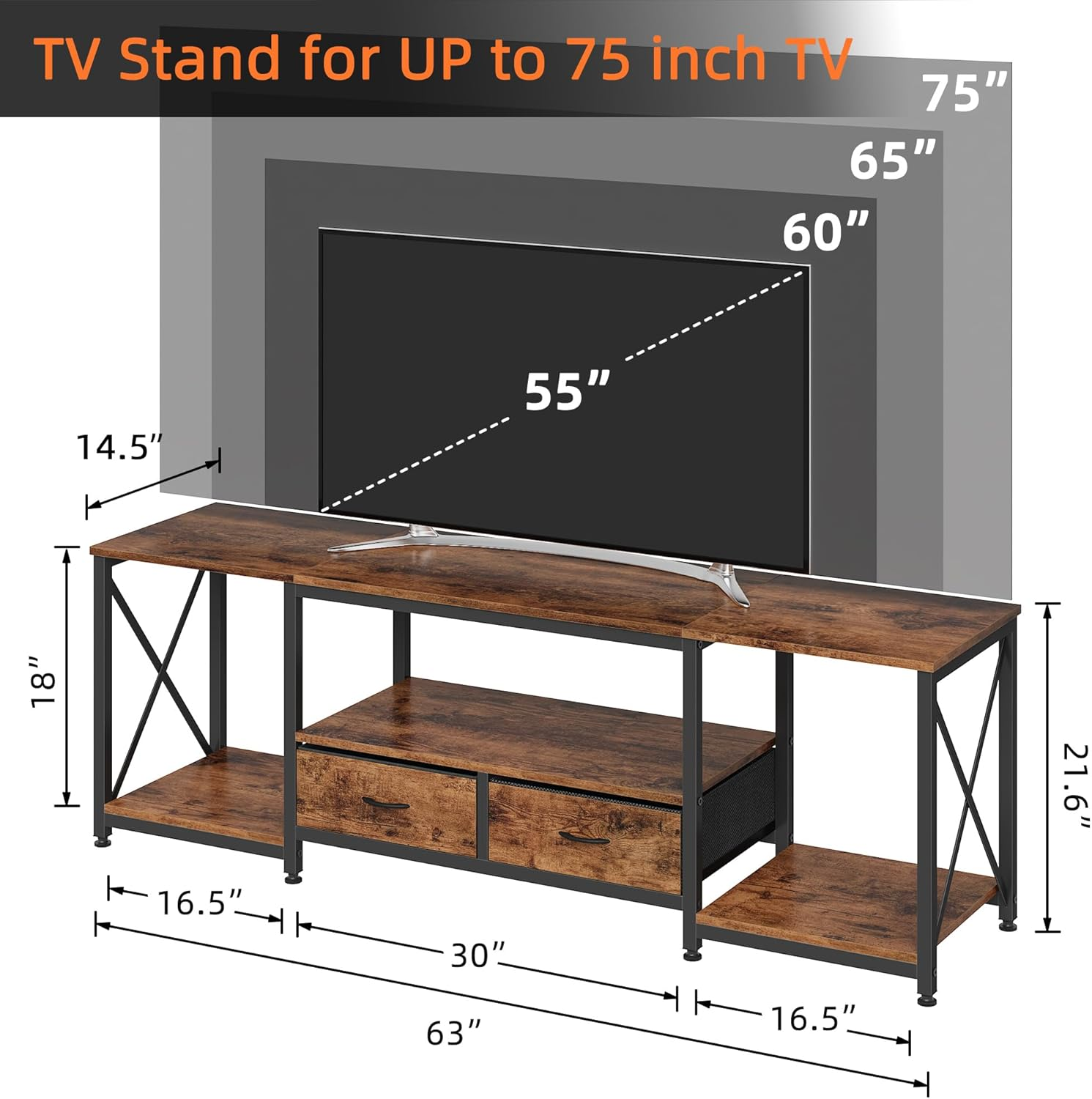 TV Stand with Drawer for 65 70 75 Inches TV - Entertainment Center and Industrial TV Console Table with Open Shelves for Living Room, Bedroom - 63" Rustic Brown image number 5