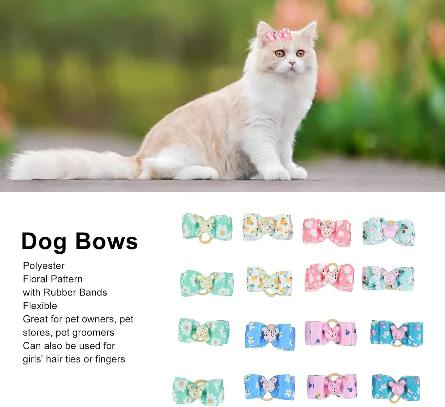 JOROBURO 16 Pcs Dog Hair Bows, Floral Pattern Multicolor 2 Layer Butterfly Bow, Pet Hair Bowknot Pet Grooming Hair Accessories with Rubber Bands for Dog Puppy Cat