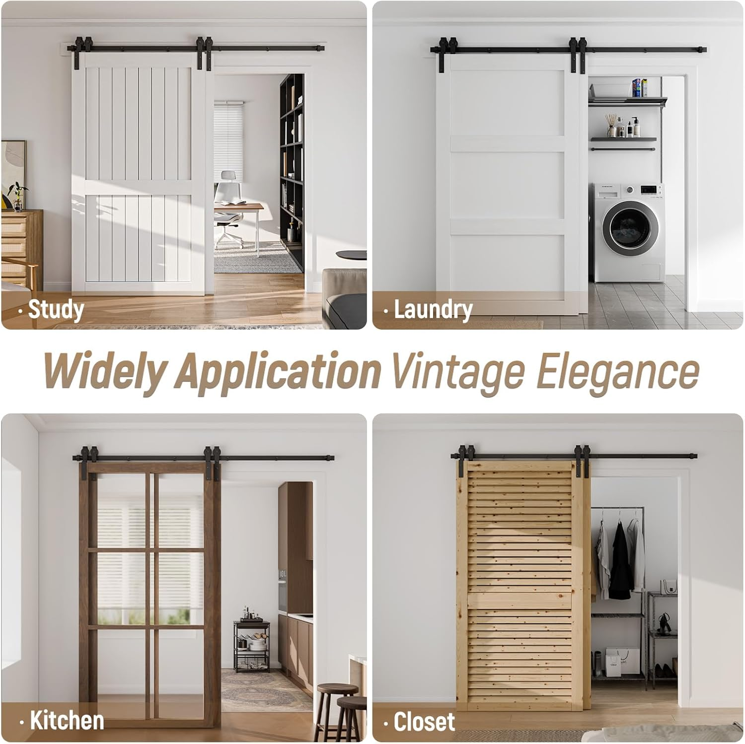 Sliding Door Hardware Bypass Double Door 173 Cm Sliding Door System Complete Set Walker Rail Wheels Set Black for 2 Wooden Doors 80 Cm Wide J Shape image number 3