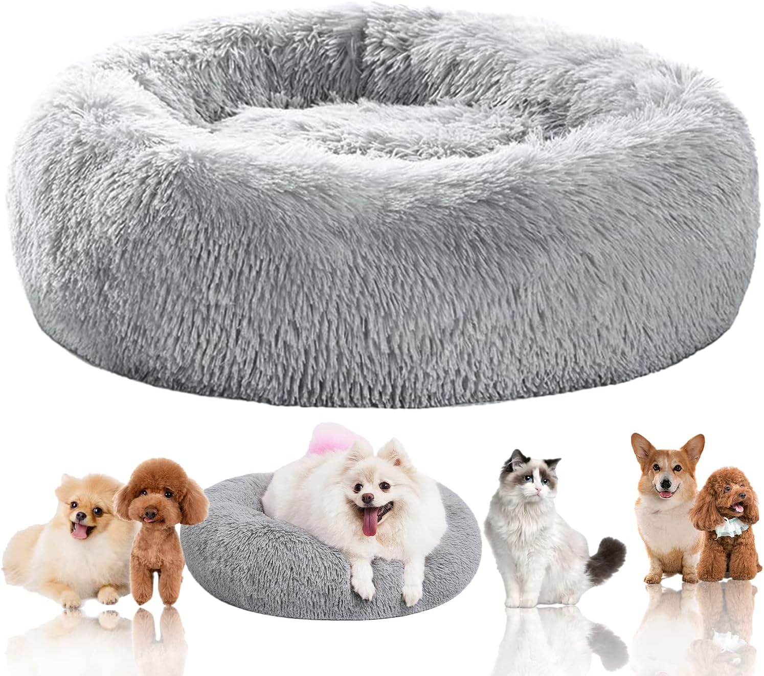 Calming Dog Bed, Cat Bed Pet Bed Pet Mat round Fluffy Soft Non-Slip Pet Bed for Indoor Machine Washable Donut Self Warming Calming Pet Nest for Small Dogs Kittens,Dog Nest (D60Cm, Light Grey)