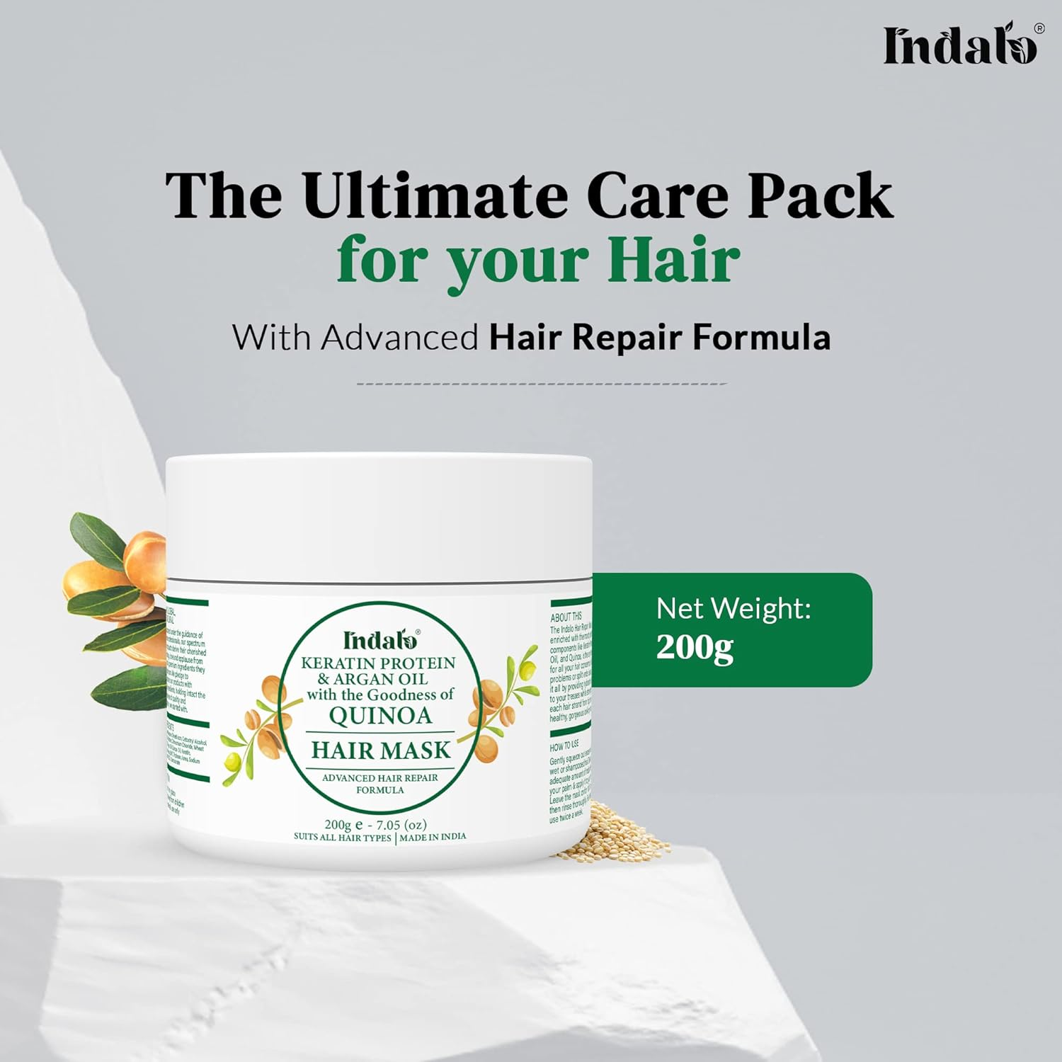 Indalo Professional Keratin Milk Protein - Collagen Argan Oil Hair Mask for Promotes Healthy, Long, Strong & Shiny Hair, Hair Growth | Quinoa Hair Mask with Keratin & Argan Oil for Women & Men(200Gm) image number 5