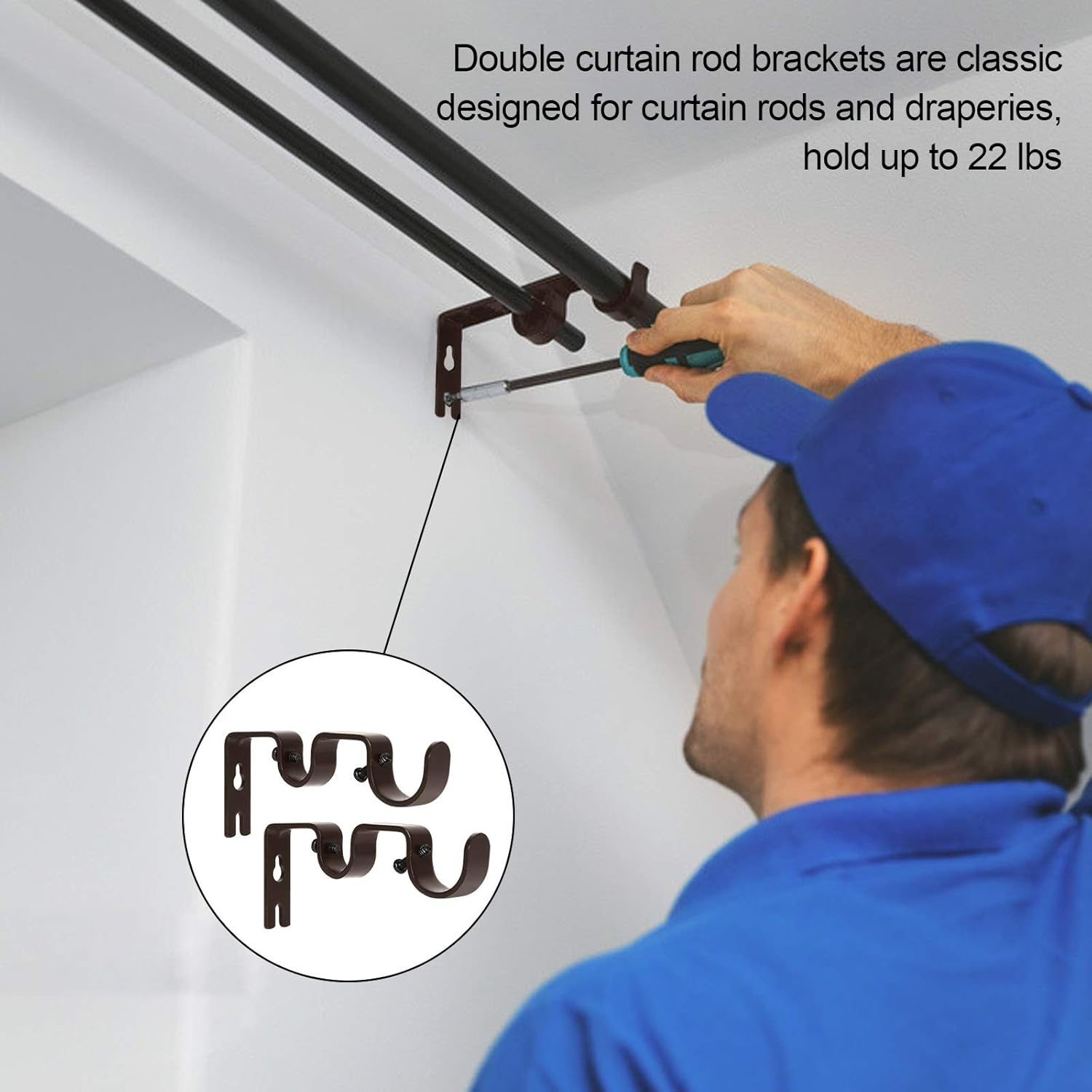 ZOEYES 8 Pack Heavy Duty Double Curtain Rod Brackets, Bronze, Iron Frame, Wall Mount, Perfect for Bedroom, Living Room, Dining Room image number 5