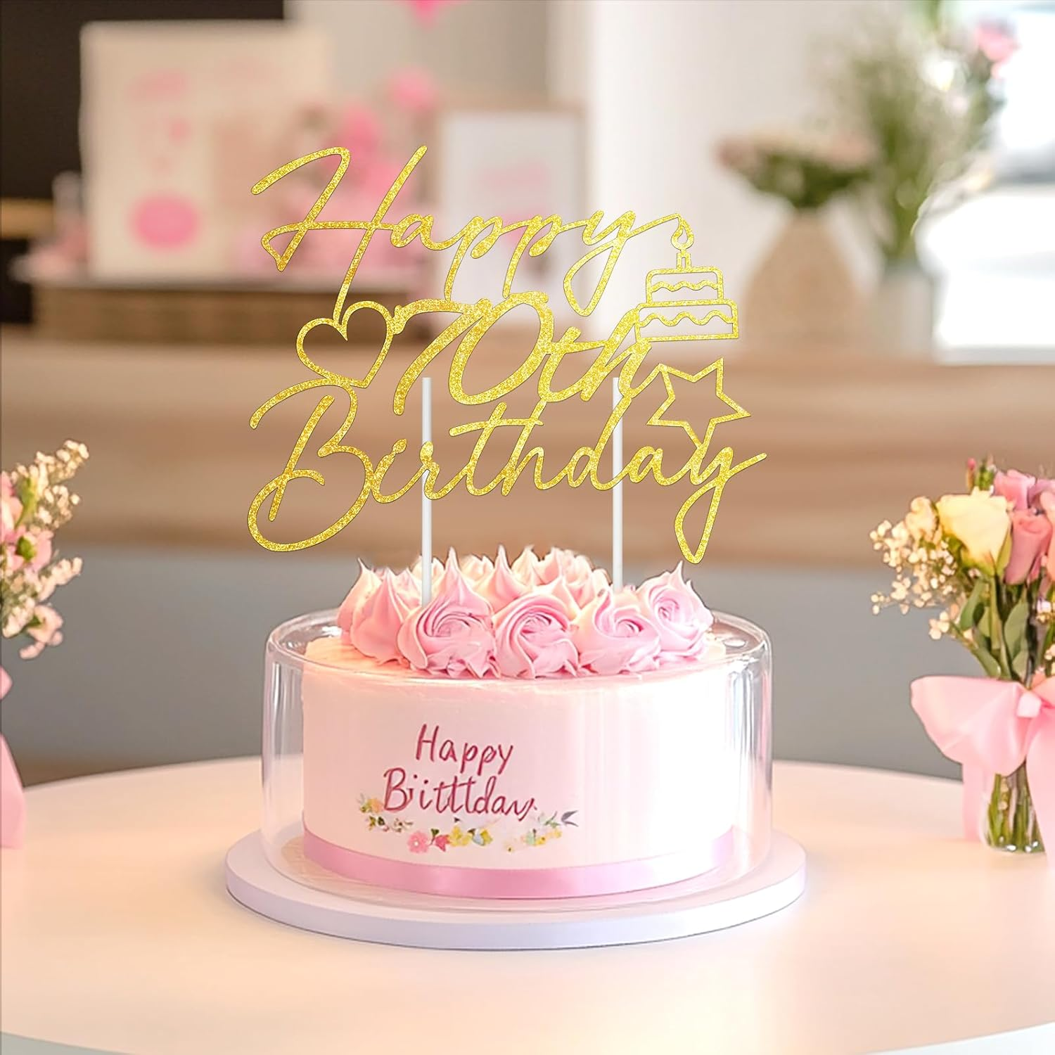 Buziba Happy 70Th Birthday Cake Toppers Gold Glitter Heart Star Cake Decorations for Birthday Themed Party Supplies (70Th) image number 4