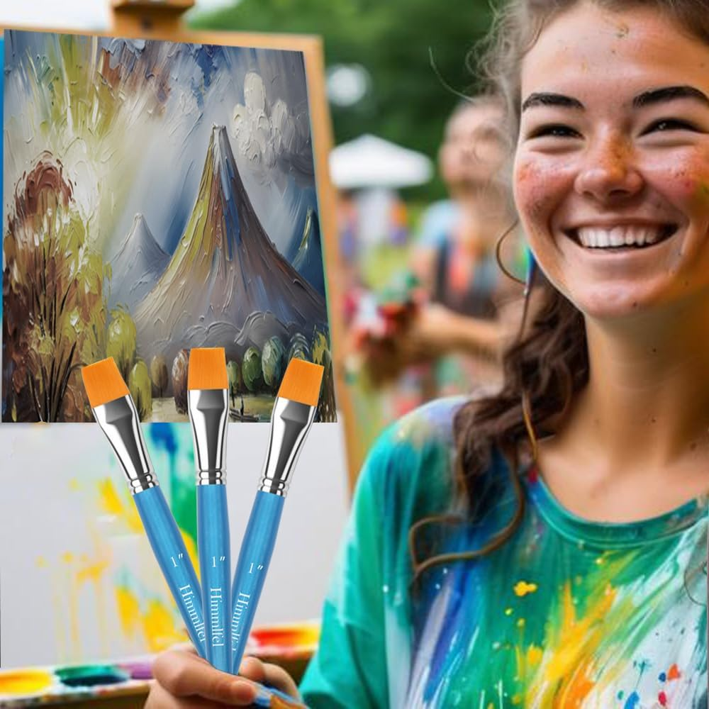 Himmlfel Flat Paint Brush Set, 3 Pcs 1 Inch Acrylic Painting Brushes for Acrylic, Watercolor,Gouache,Oil,Face Painting, Professional Large Pantingbrushes for Artists and Beginners image number 3