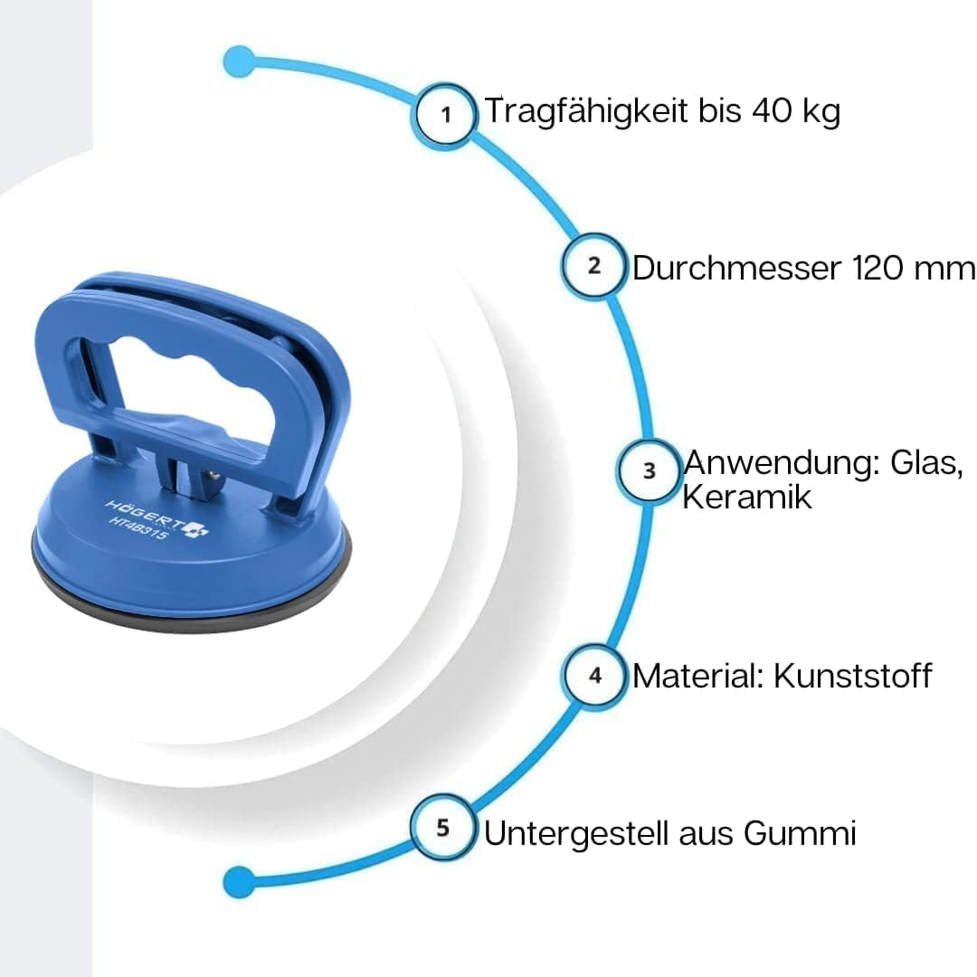 H&ouml;gert Technik - Heavy Duty Suction Lifter - Single Suction Cup 40 Kg - Extra Strong Suction Cups, Suction Cup Used for Transporting Window Glass, Smooth Objects and Ceramic Tiles image number 4