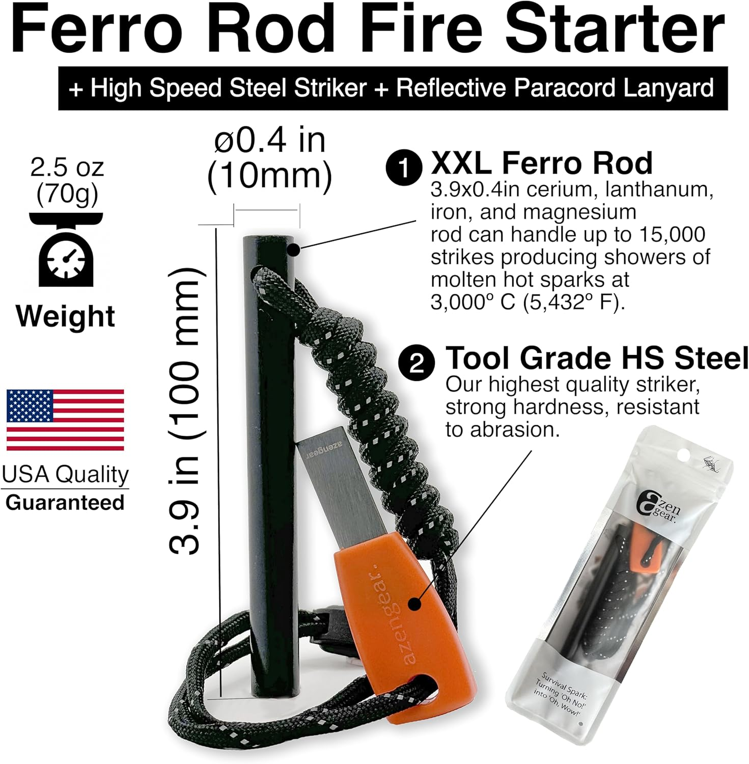Camping Flint and Steel Fire Starter, 10X100Mm (0.4X4In) Ferro Rod, HSS Striker, Paracord, Waterproof Outdoor Survival Kit Azengear image number 1