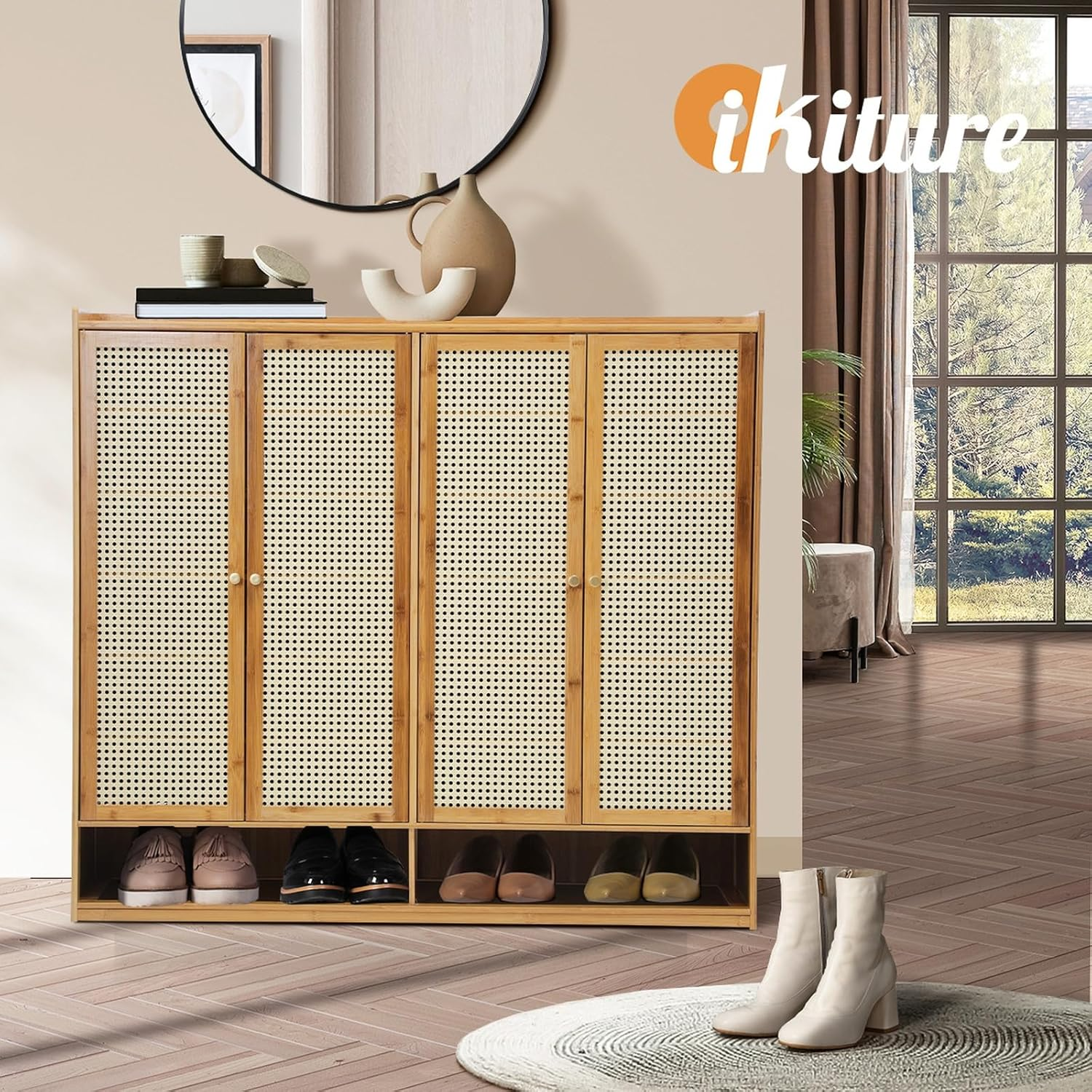 Oikiture Shoe Storage Cabinet with Rattan Door and 6 Tier Shelves Shoe Rack Storage Hallway Wooden image number 3