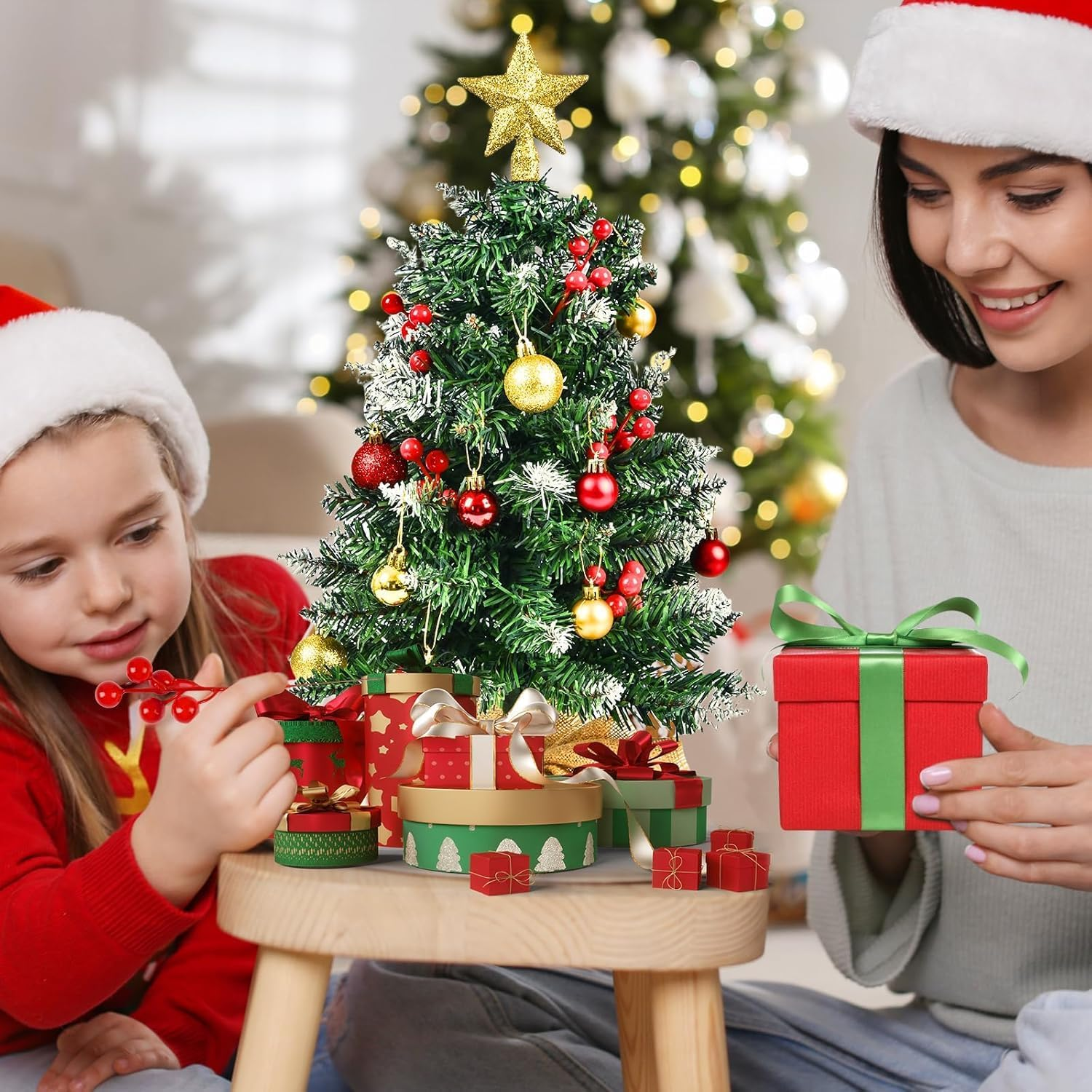 Small Christmas Tree with Lights and Ornaments, 60Cm Tabletop Mini Christmas Tree with Light, Star Topper, DIY Artificial Tabletop Xmas Tree for Office Home Indoor Decoration image number 2