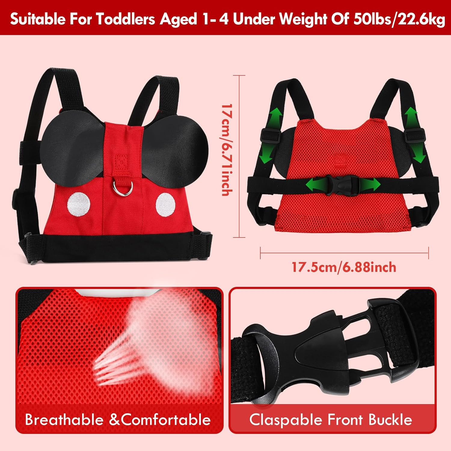 Lehoo Castle 4 in 1 anti Lost Wrist Link Safety Harness, Toddler Harness Leash for Kids, Adjustable Walking Strap, 360&deg; Rotation Baby Safety Harness with Lock (Red 01) image number 1
