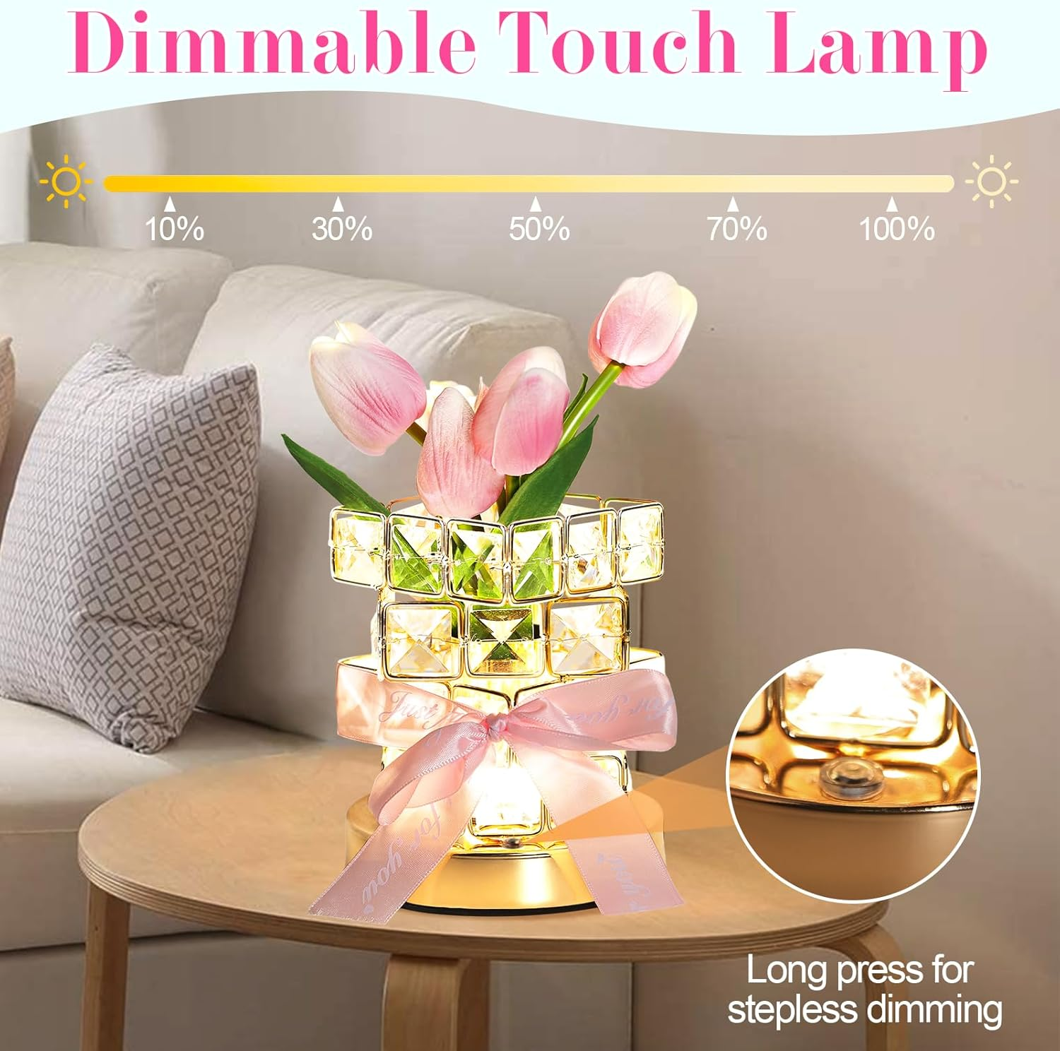 Tulips Flower Lamp,3 Colors Dimmable Crystal Pink Tulip Night Light,Rechargeable Cordless Flowers Table Lamp,Living Room Bedroom Mood Lighting Home Decoration Birthday Gifts for Women Mom (Tulip) image number 1