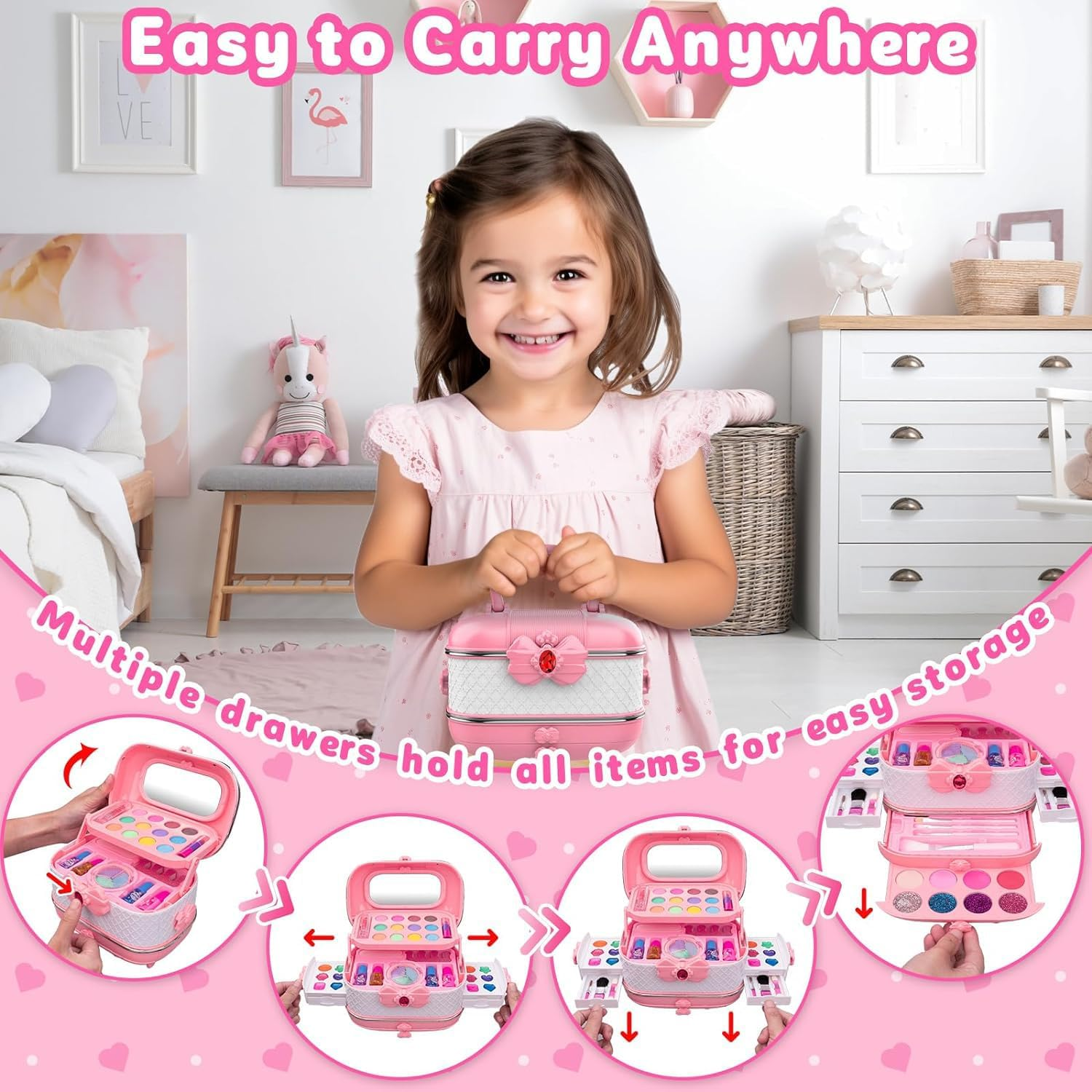 Kids Make up Kit for Girl 56 Pcs Washable Makeup Kit Real Cosmetic, Little Girls Makeup Set Pink Makeup Set for 3-12 Year Old Kids Toddler Girl Toys Birthday Gift&hellip; image number 6