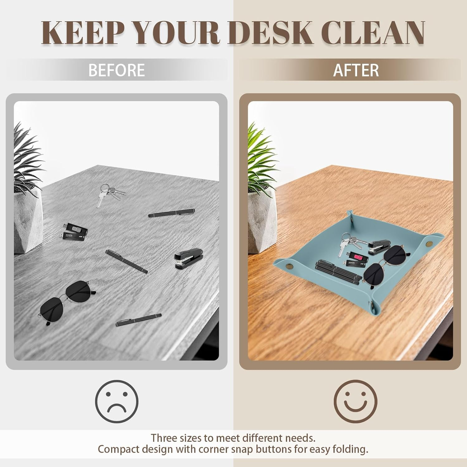 Sekonow 3 Pack Leather Valet Tray, 3 Sizes Catchall Tray Desk Organizer for Key Jewelry Trinket Watch Perfume Coin, for Entryway Table Nightstand Dresser Vanity Travel, Blue